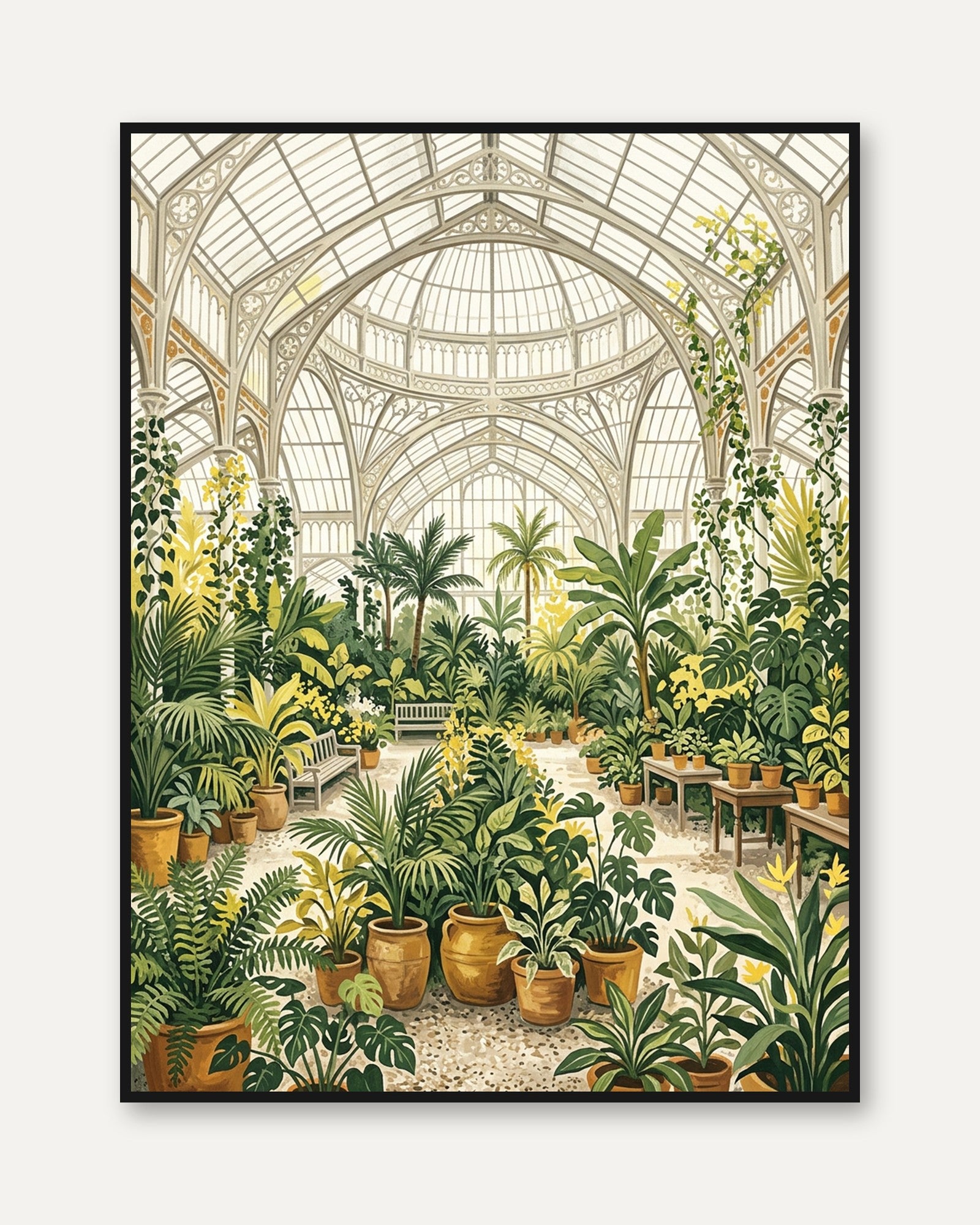 Victorian Conservatory Botanical Print: Green and Yellow Garden - framed