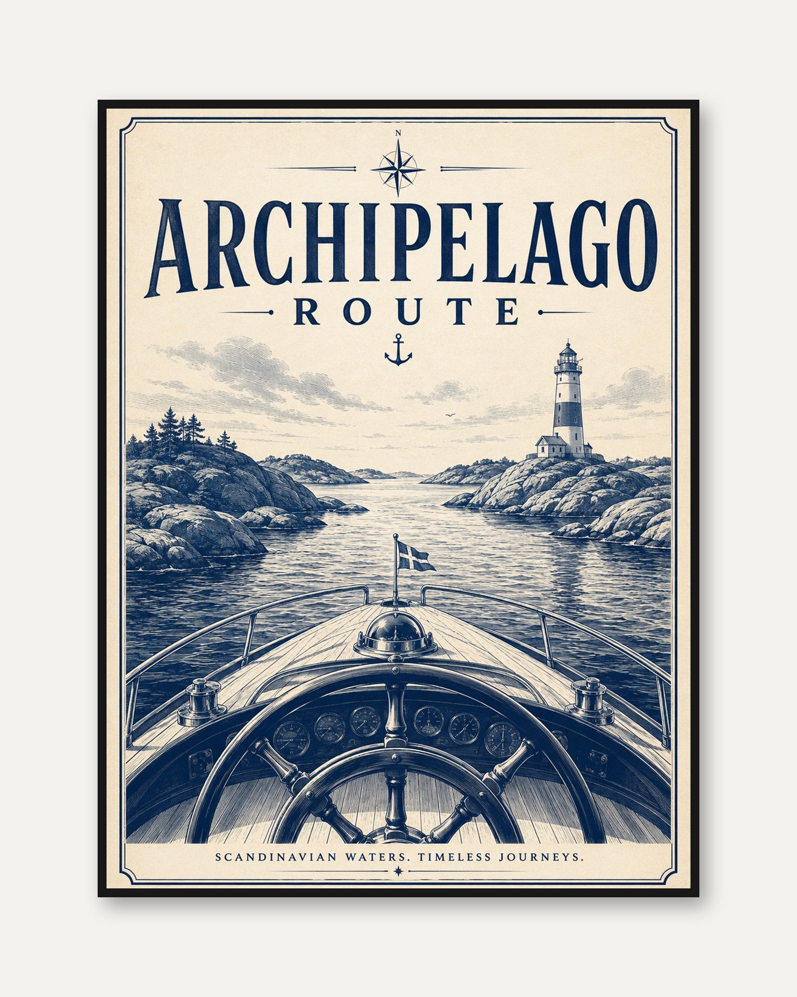 Nautical Travel Poster – Vintage Coastal Art - framed