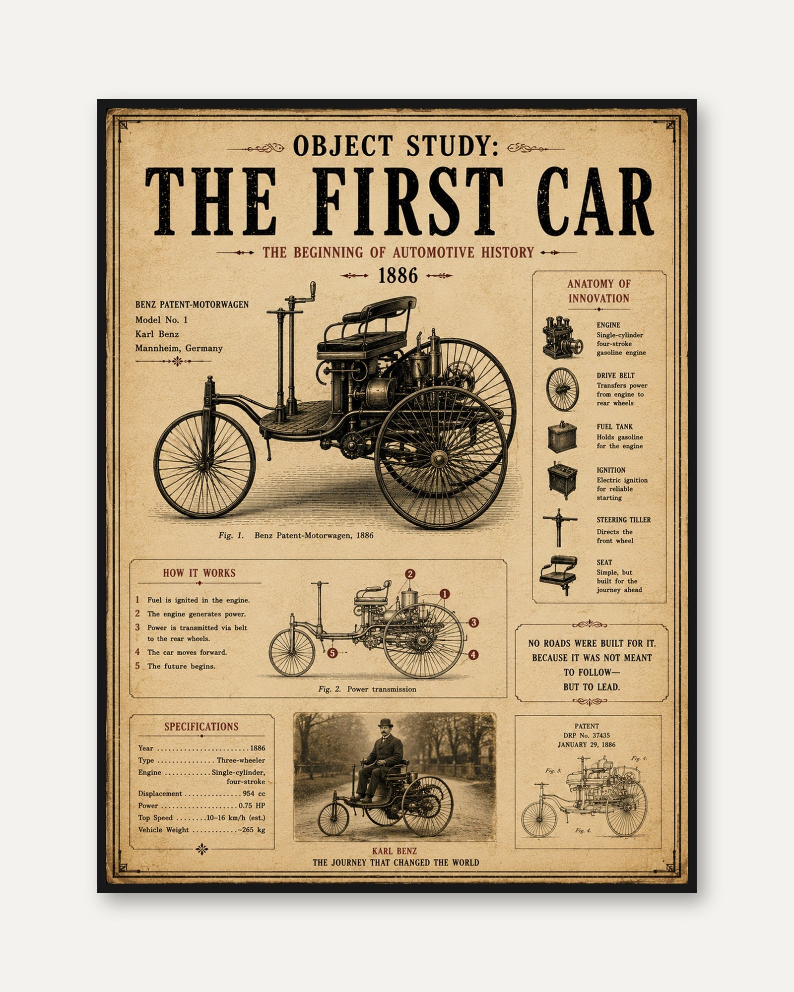 Benz Patent Motorwagen Print: Vintage Automotive History Poster - framed