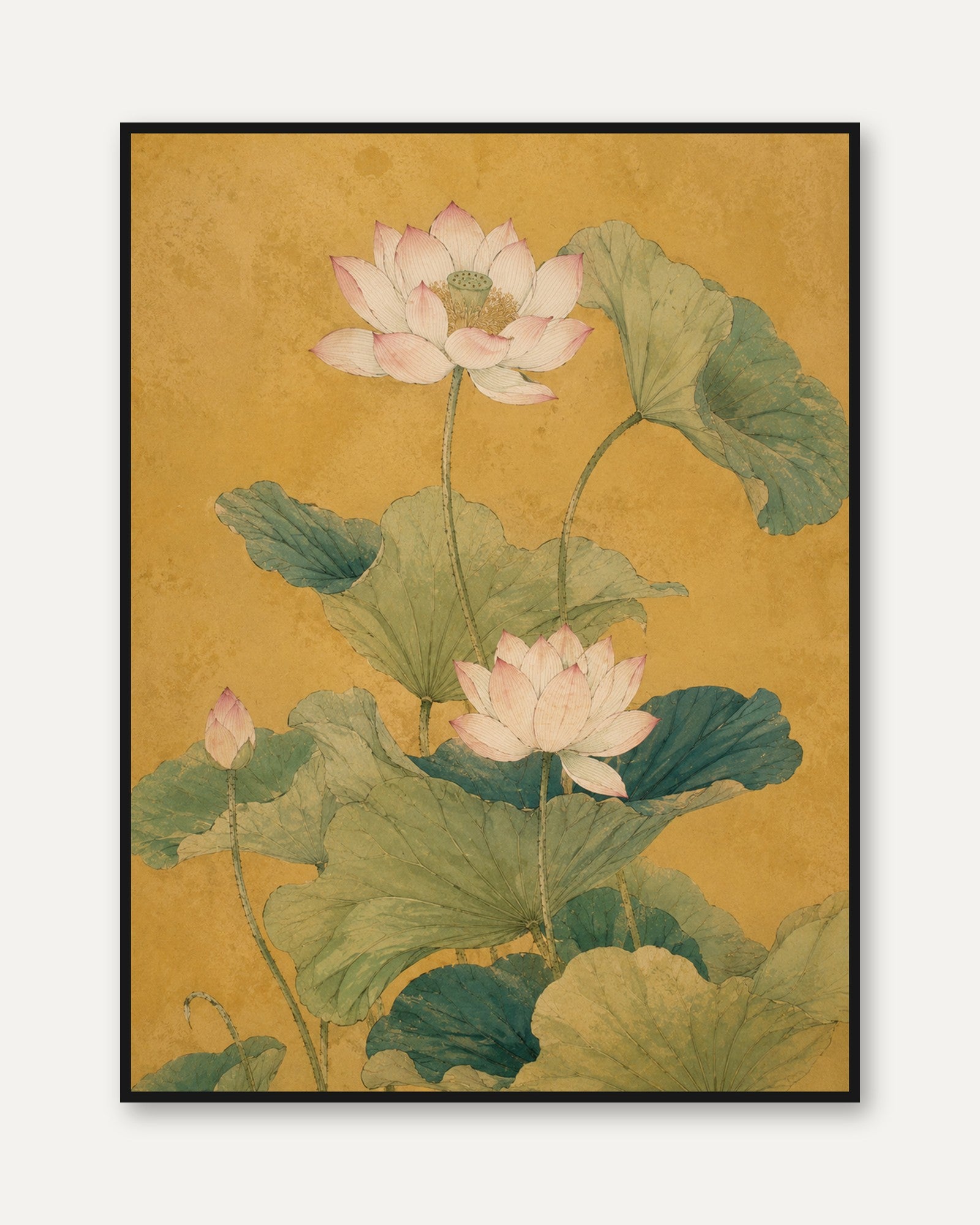 Lotus Flower Botanical Print — Vintage Asian Inspired Art - framed