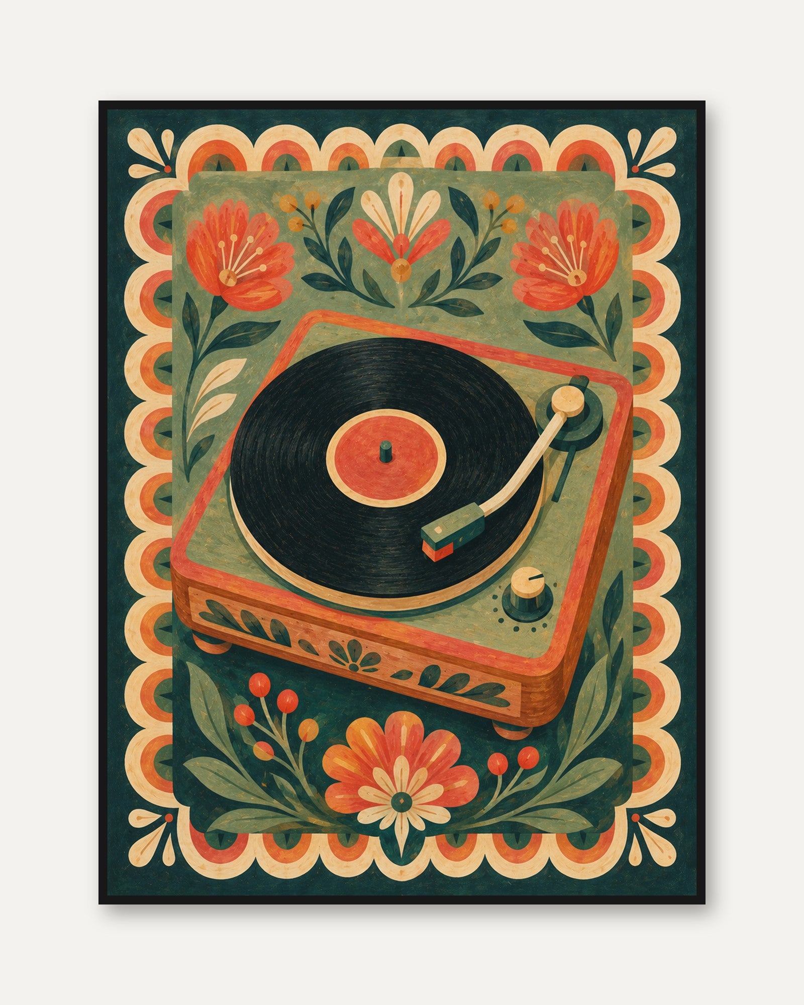 Folk Art Record Player – Retro Vinyl Wall Art - framed