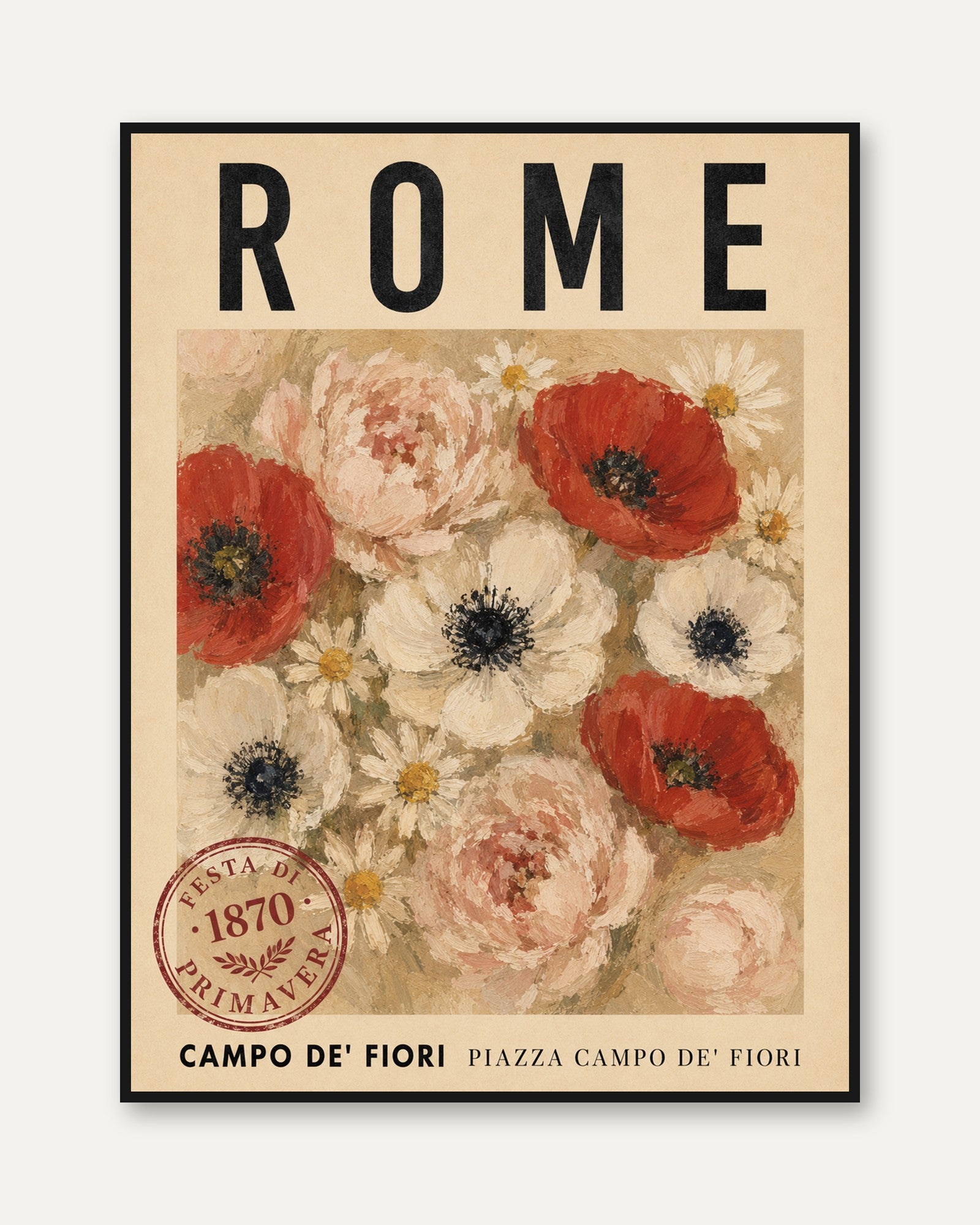 Rome Floral Wall Art: Vintage Poppy and Daisy Botanical Print - framed