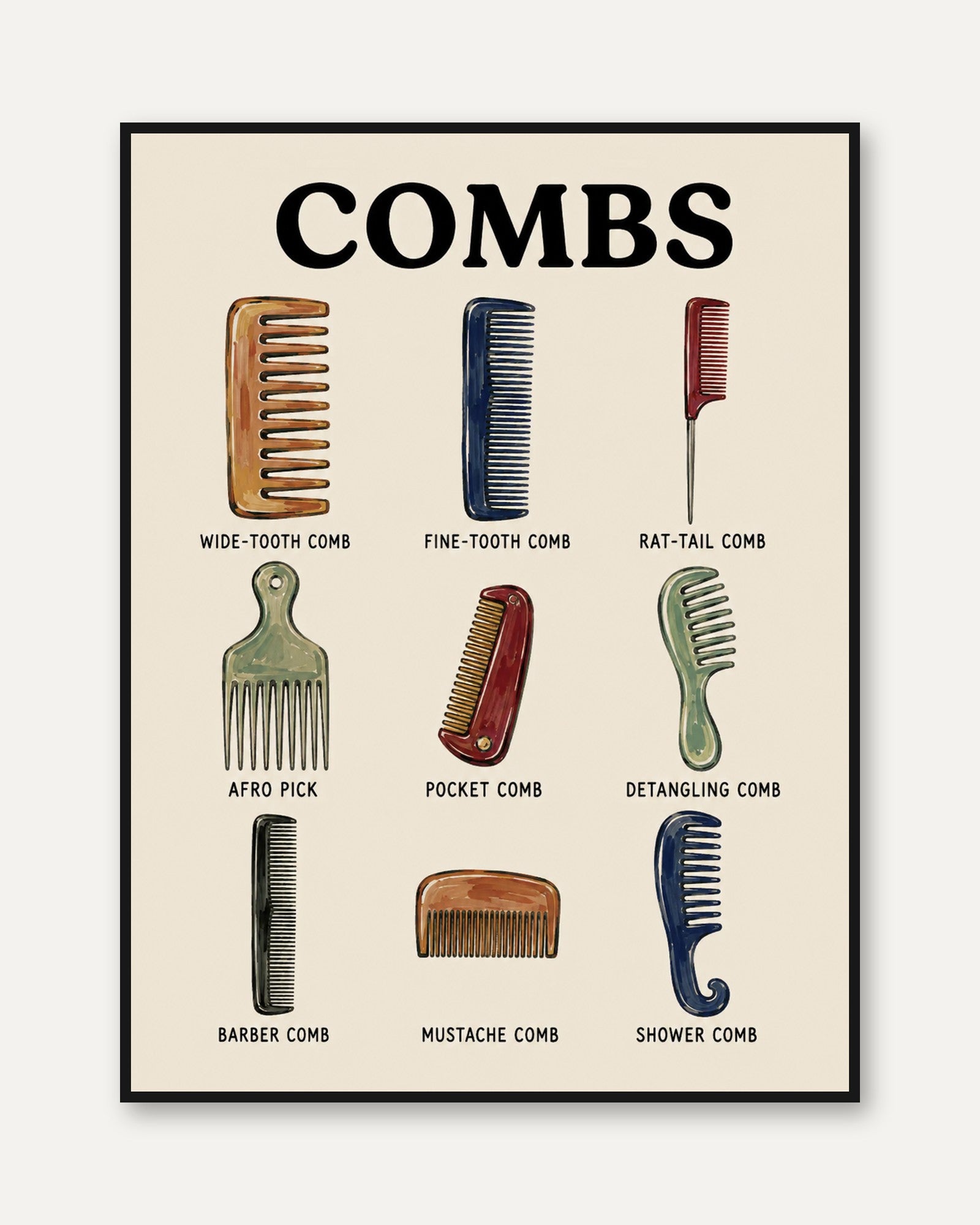 Barber Shop Wall Art – Hair Comb Types Poster - framed