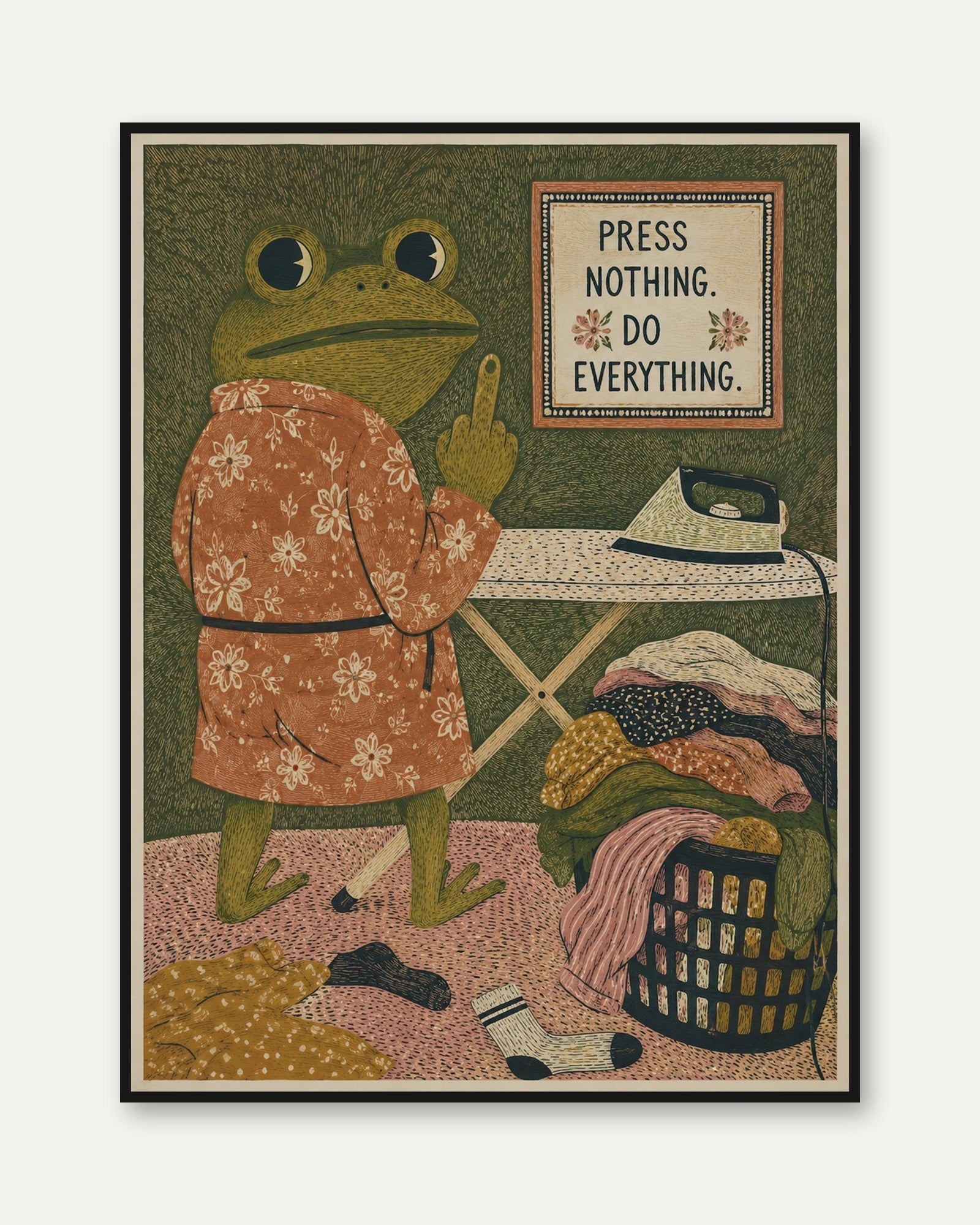 Ironing Frog Art Print: Whimsical Folk Art Illustration - framed