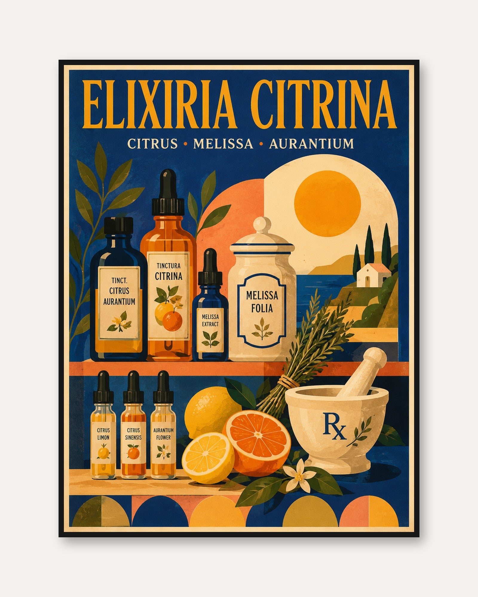 Vintage Apothecary Poster: Art Deco Citrus Botanical Print - framed