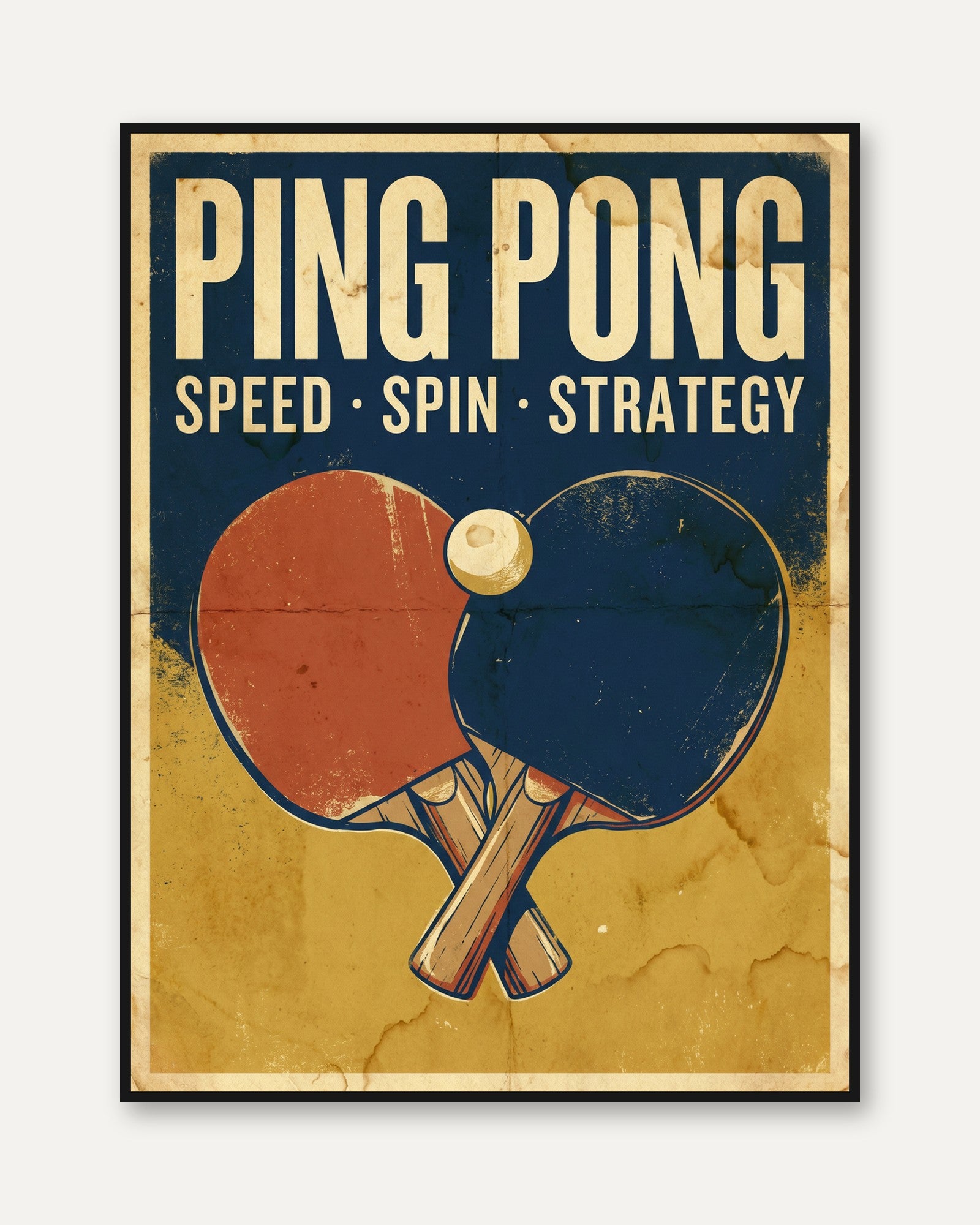 Ping Pong Poster: Vintage Sports Art in Navy and Orange - framed