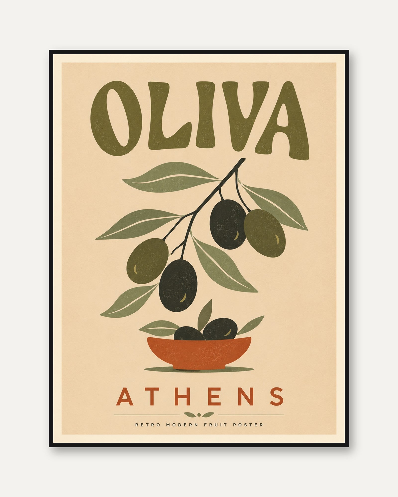 Olive Branch Print: Retro Greek Wall Art (Mid-Century Botanical Style) - framed