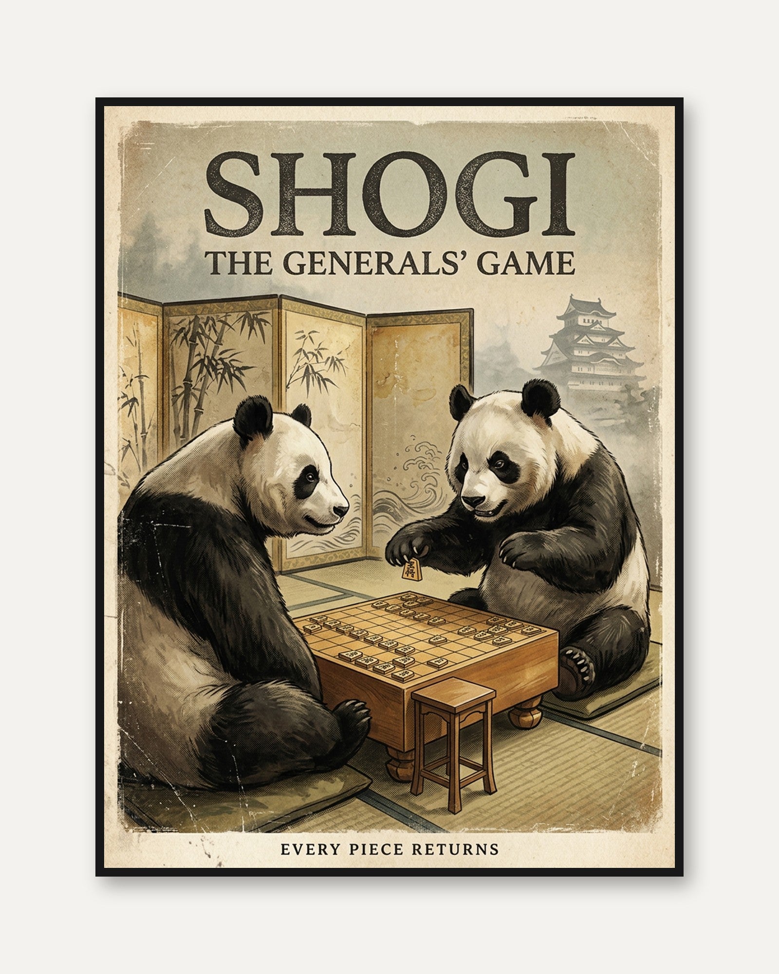 Shogi Game Vintage Poster — Japanese Pandas Playing Strategy Board - framed