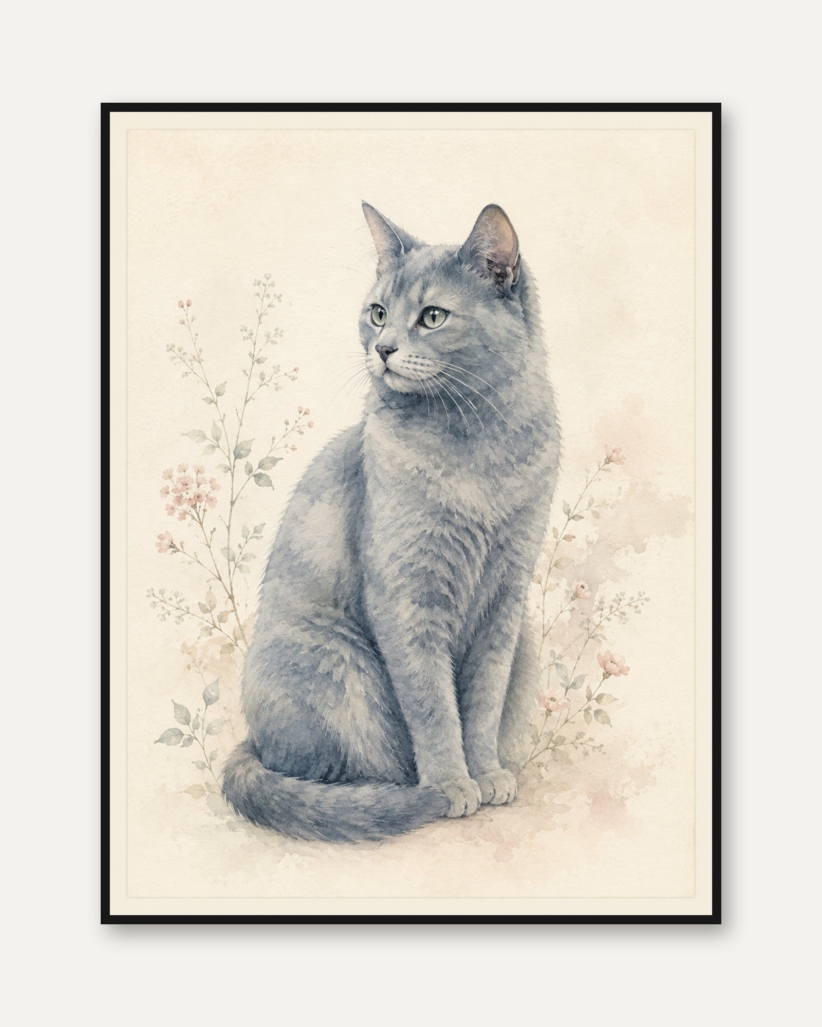 Gray Cat Watercolor Print: Botanical Floral Art - framed