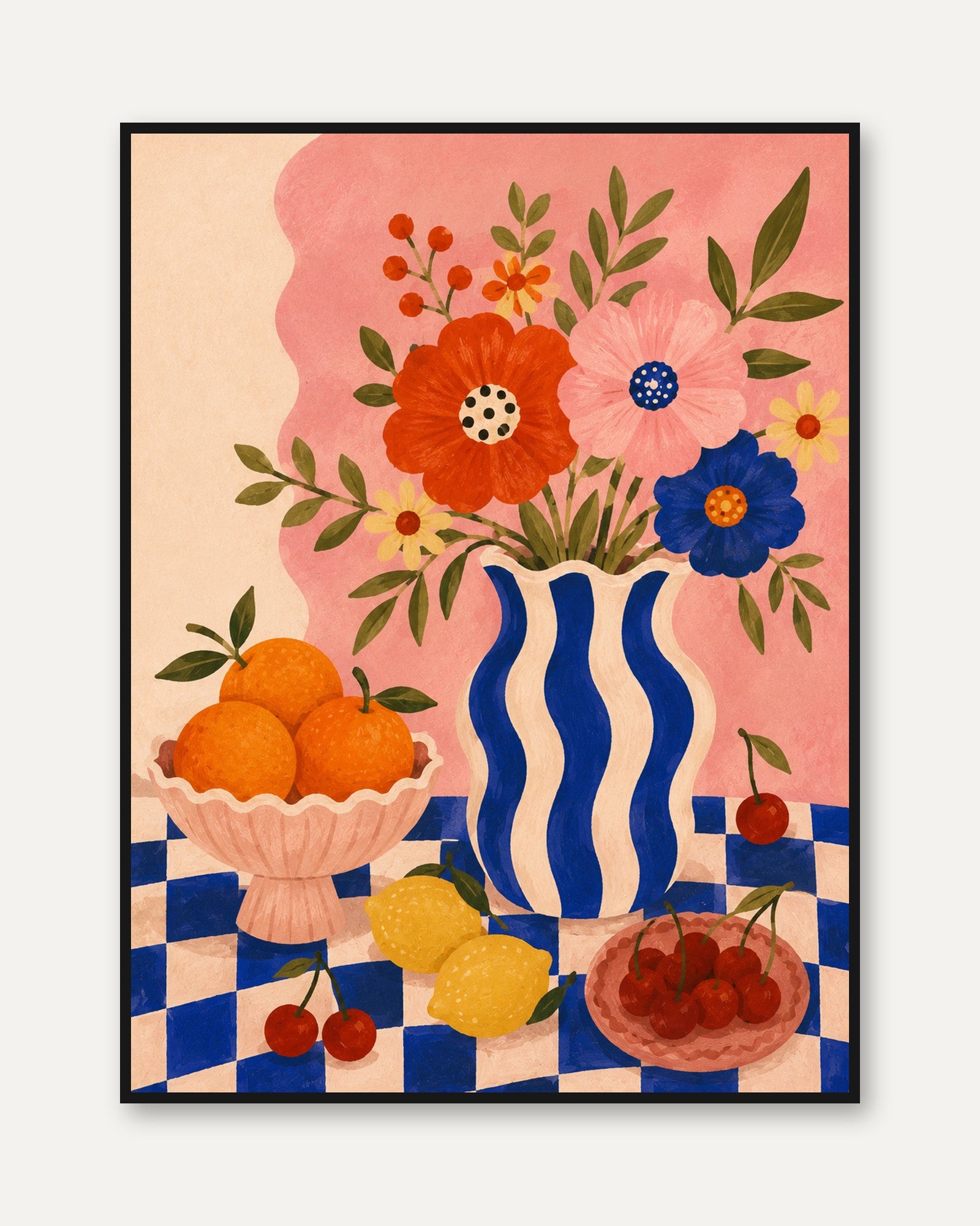 Folk Art Still Life Print – Floral Vase - framed