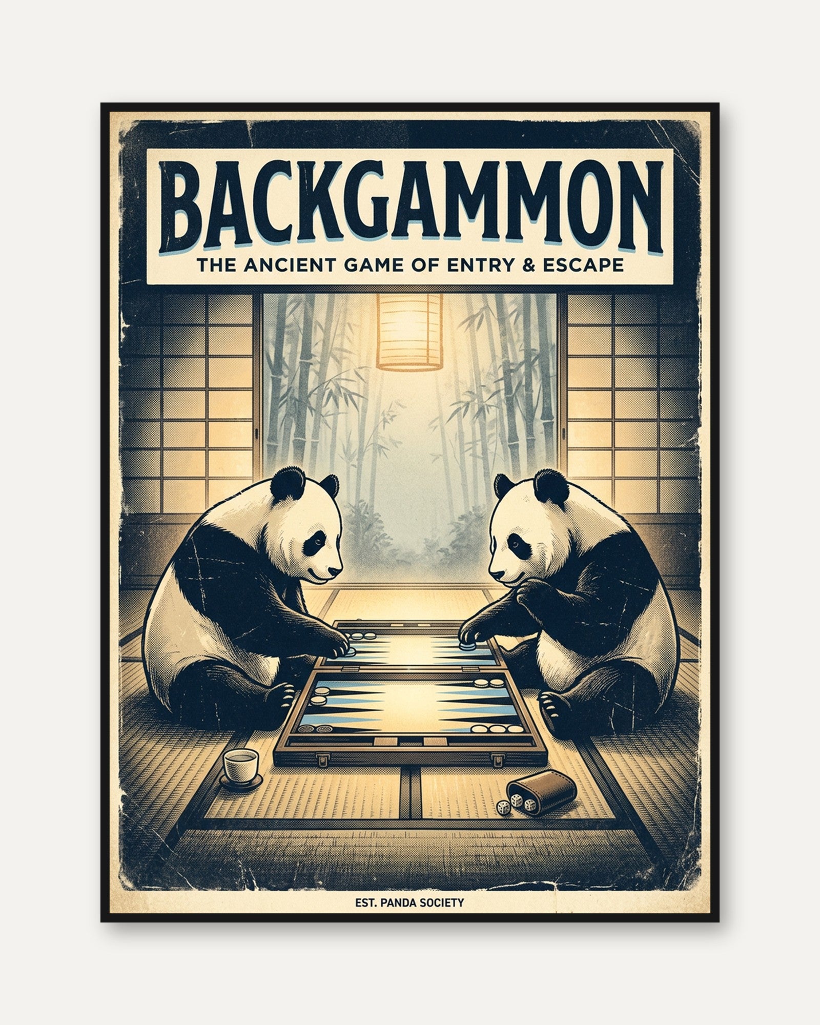 Panda Backgammon Print – Vintage Japanese Game Art - framed