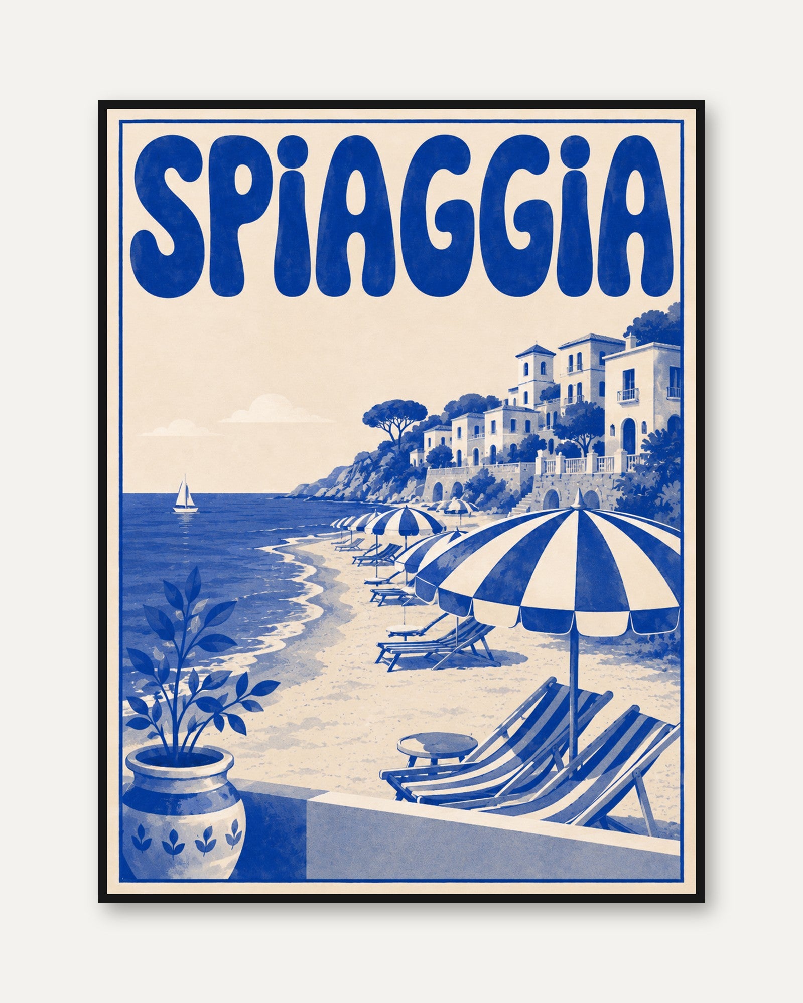 Italian Travel Poster: Vintage Coastal Beach Scene - framed