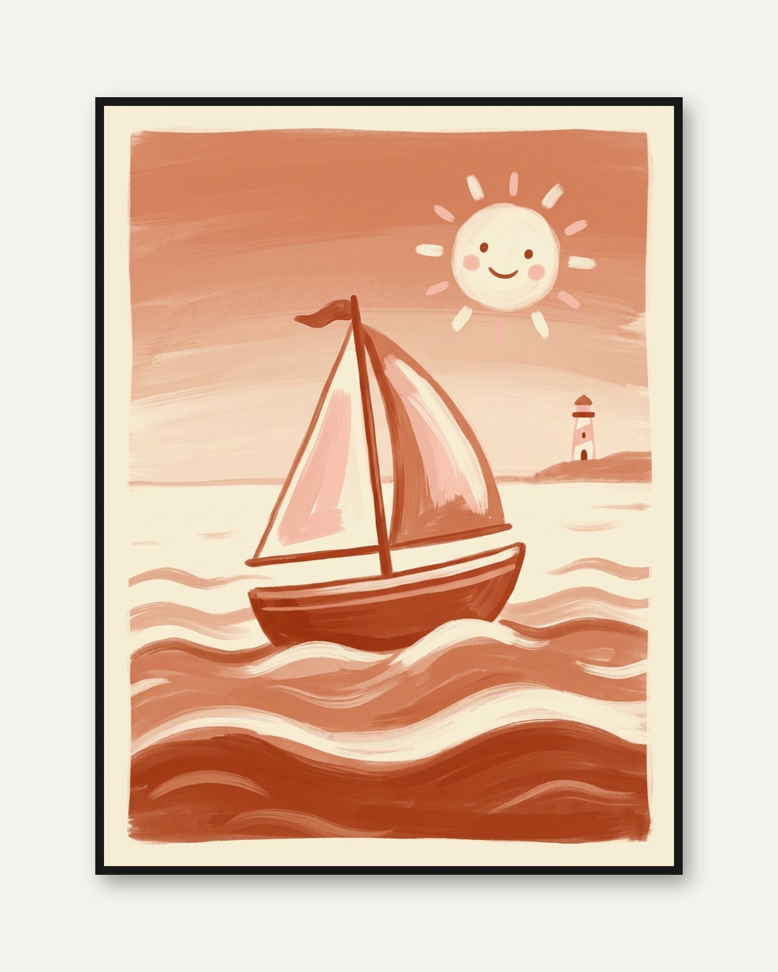 Sailboat at Sunset Poster: Whimsical Coastal Nursery Art Print - framed