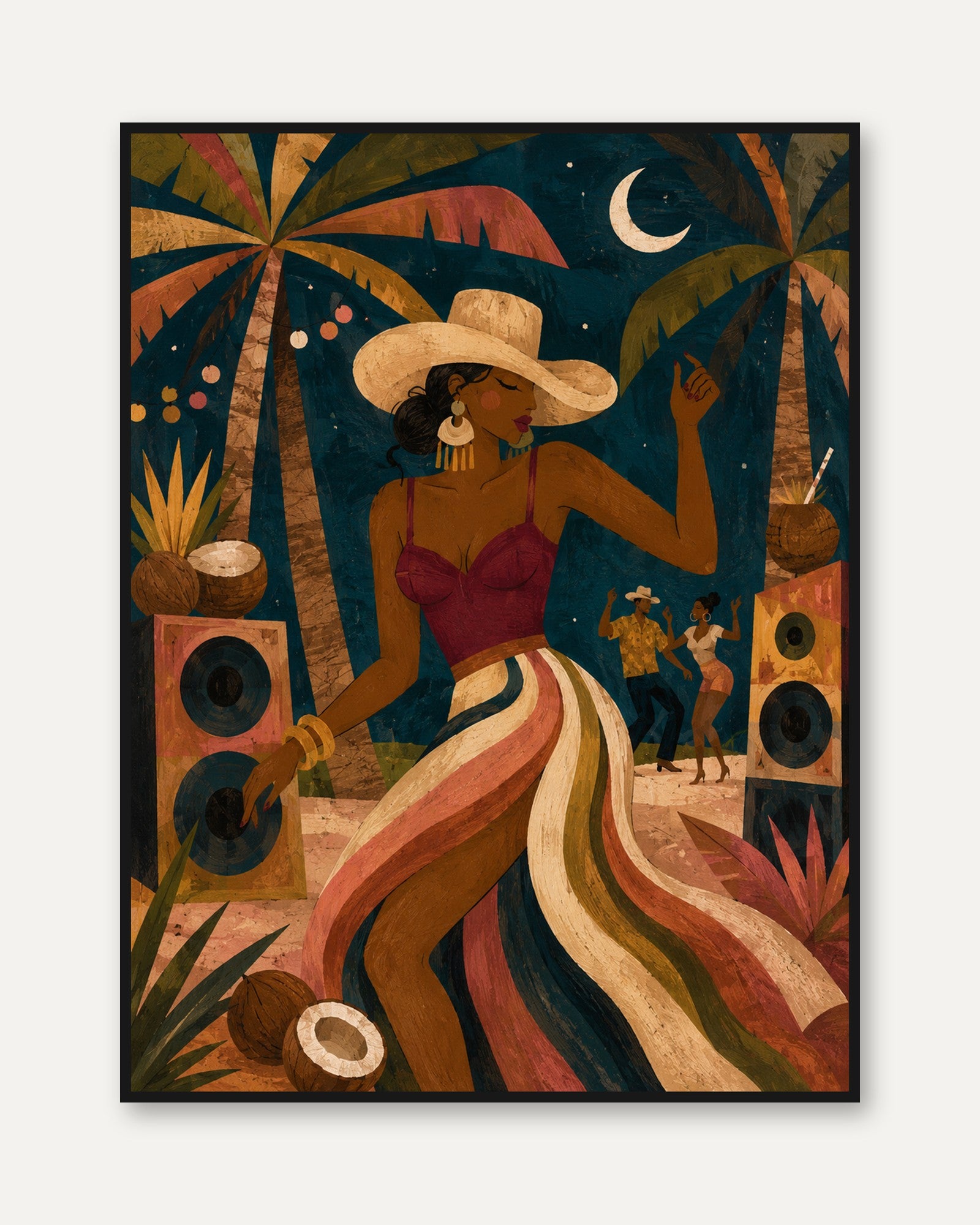 Tropical Beach Party Art Print: Retro Textured Caribbean Scene - framed