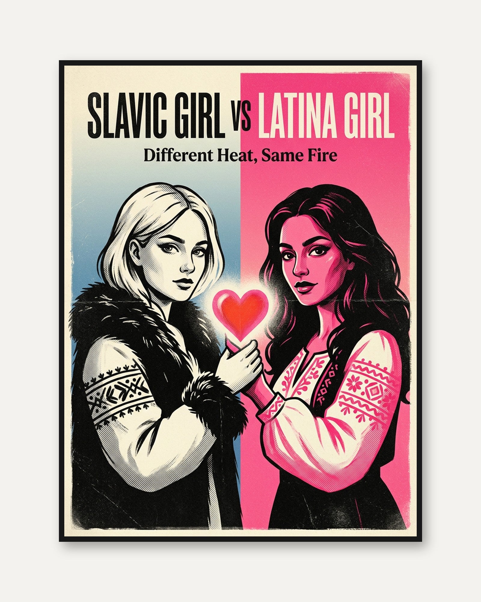 Vintage Pop Art Portrait: Split Screen Duo with Heart Poster - framed