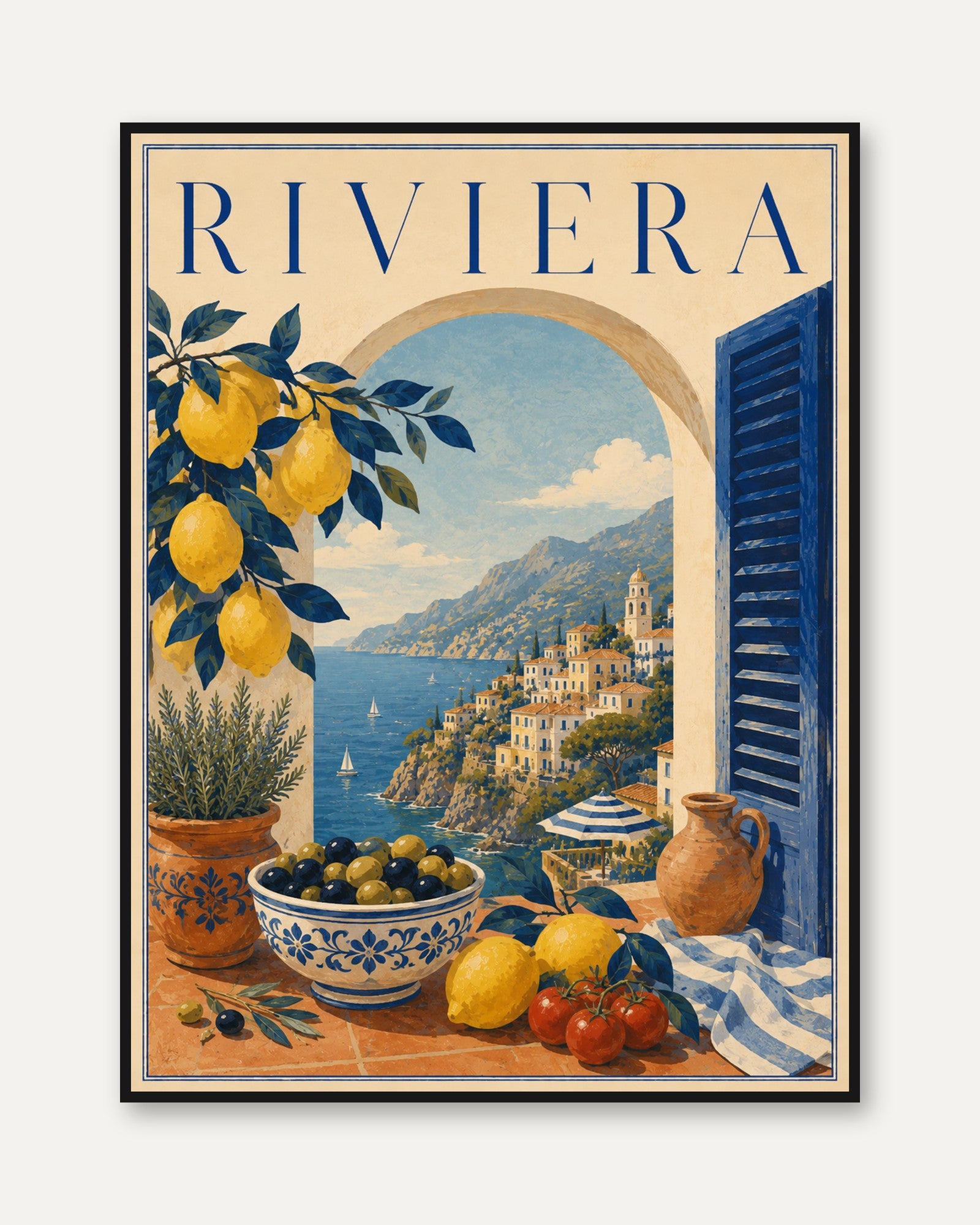 Riviera Wall Art Print: Vintage Italian Coastal View - framed