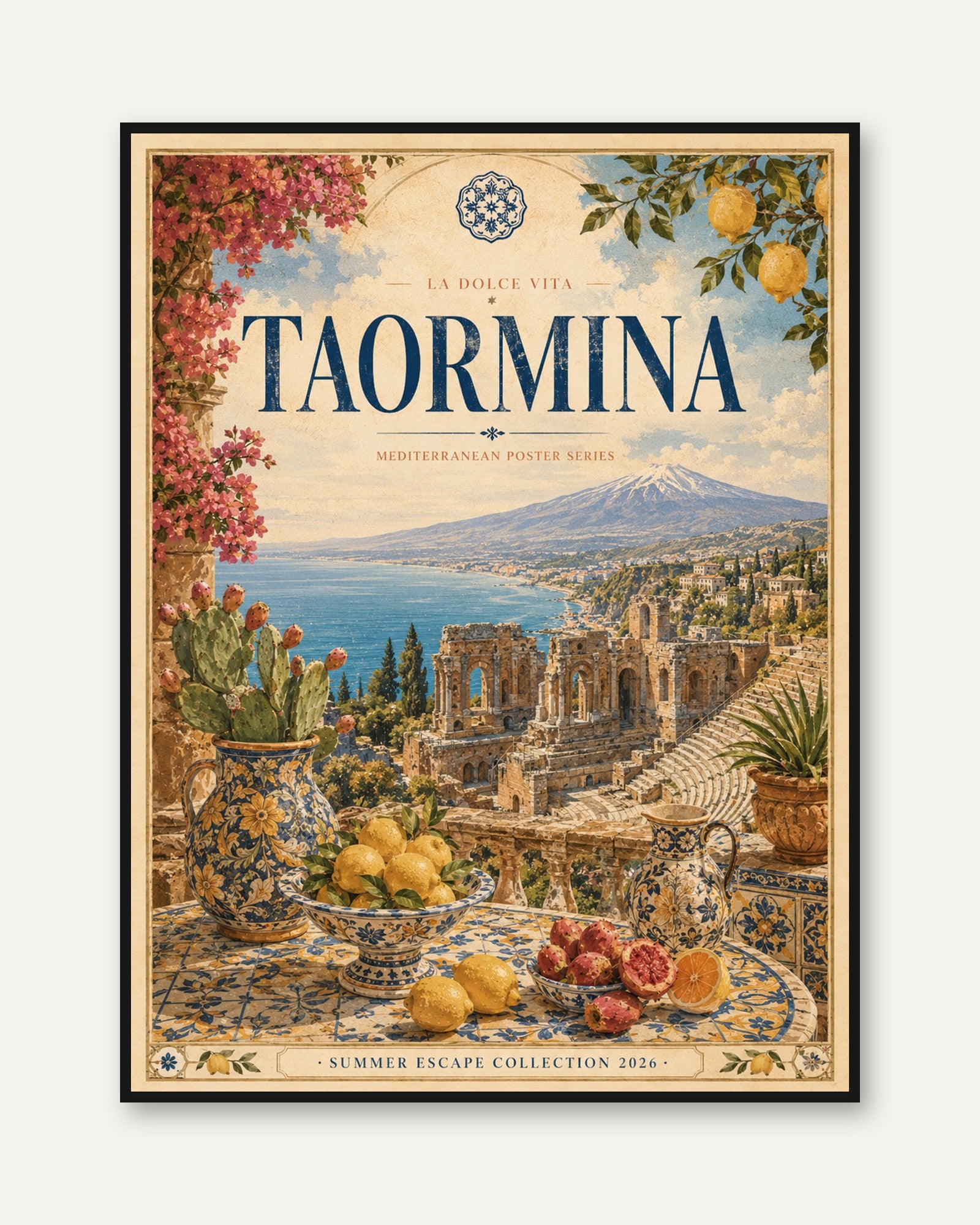Taormina Italy Travel Poster — Vintage Mediterranean Coast Print - framed