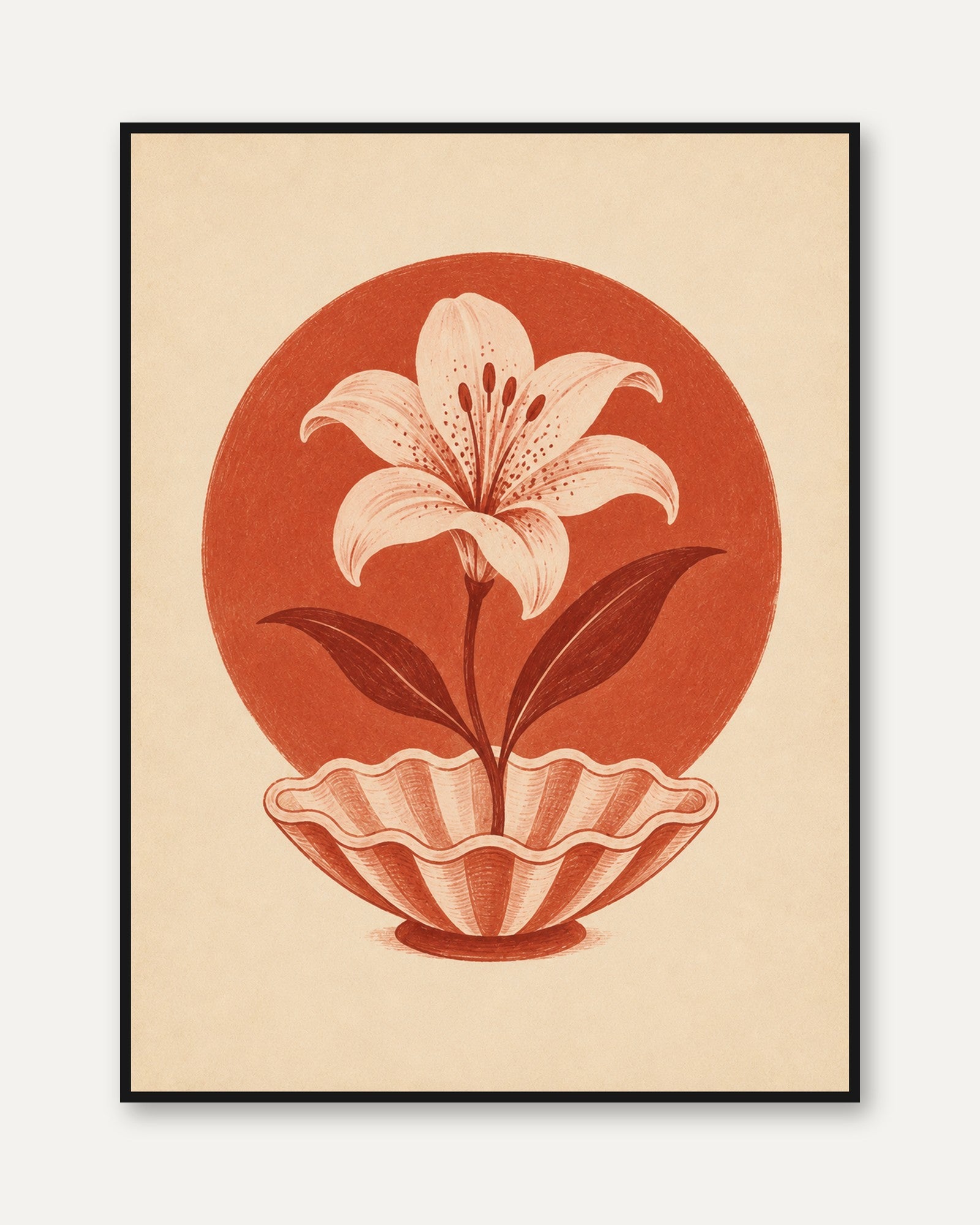 Lily Flower in Shell Art Print: Vintage Botanical Terracotta - framed