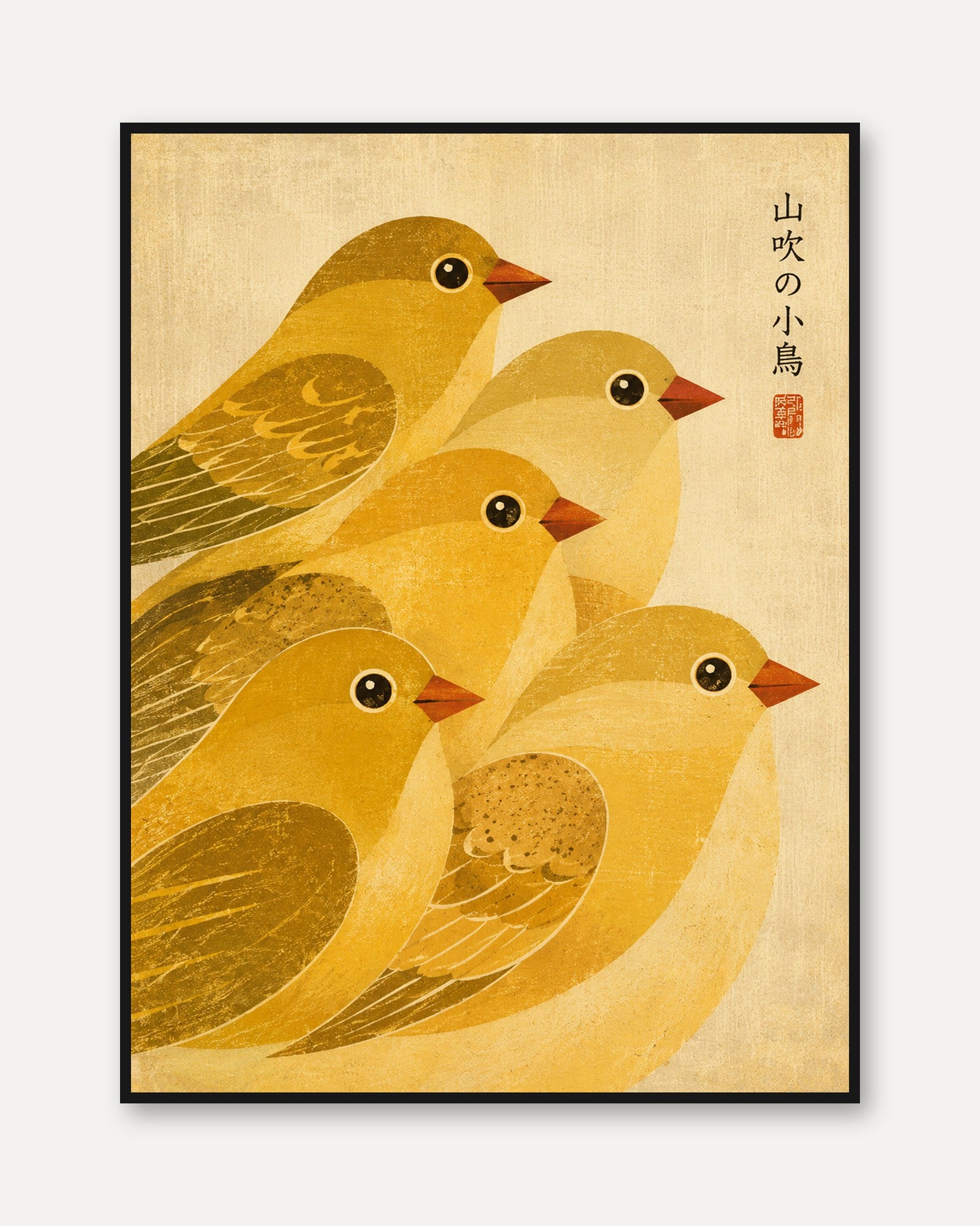 Japanese Bird Art Print — Vintage-Inspired Gold Yellow Birds - framed