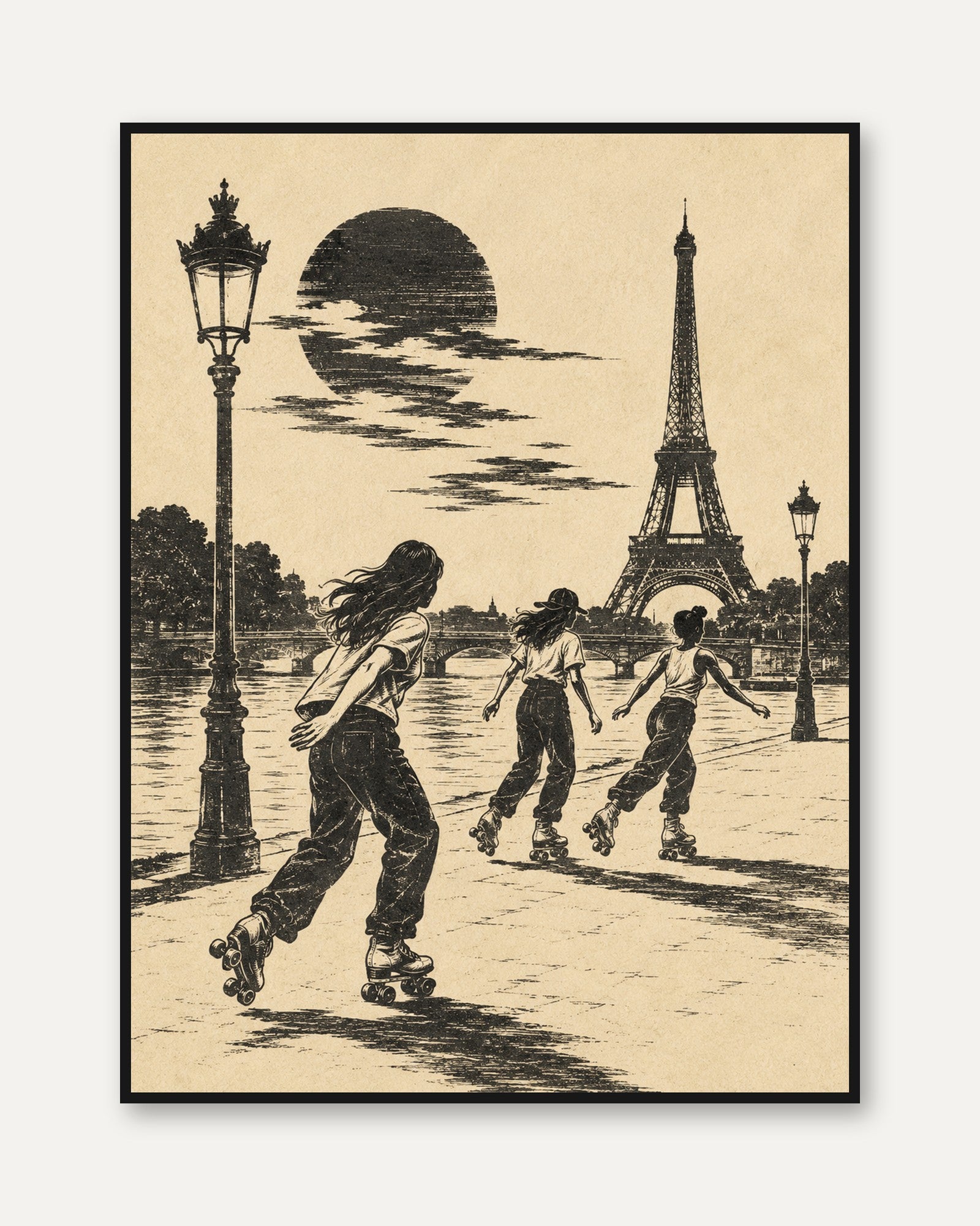 Paris Roller Skaters Art Print: Vintage Eiffel Tower Scene - framed