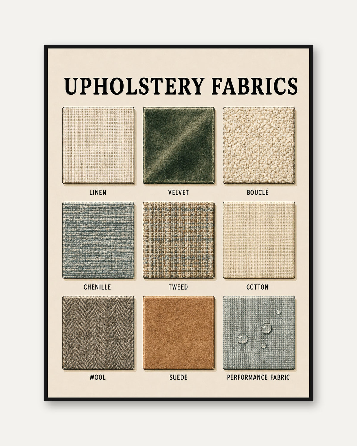 Upholstery Fabrics Chart Print: Vintage Educational Textile Guide - framed