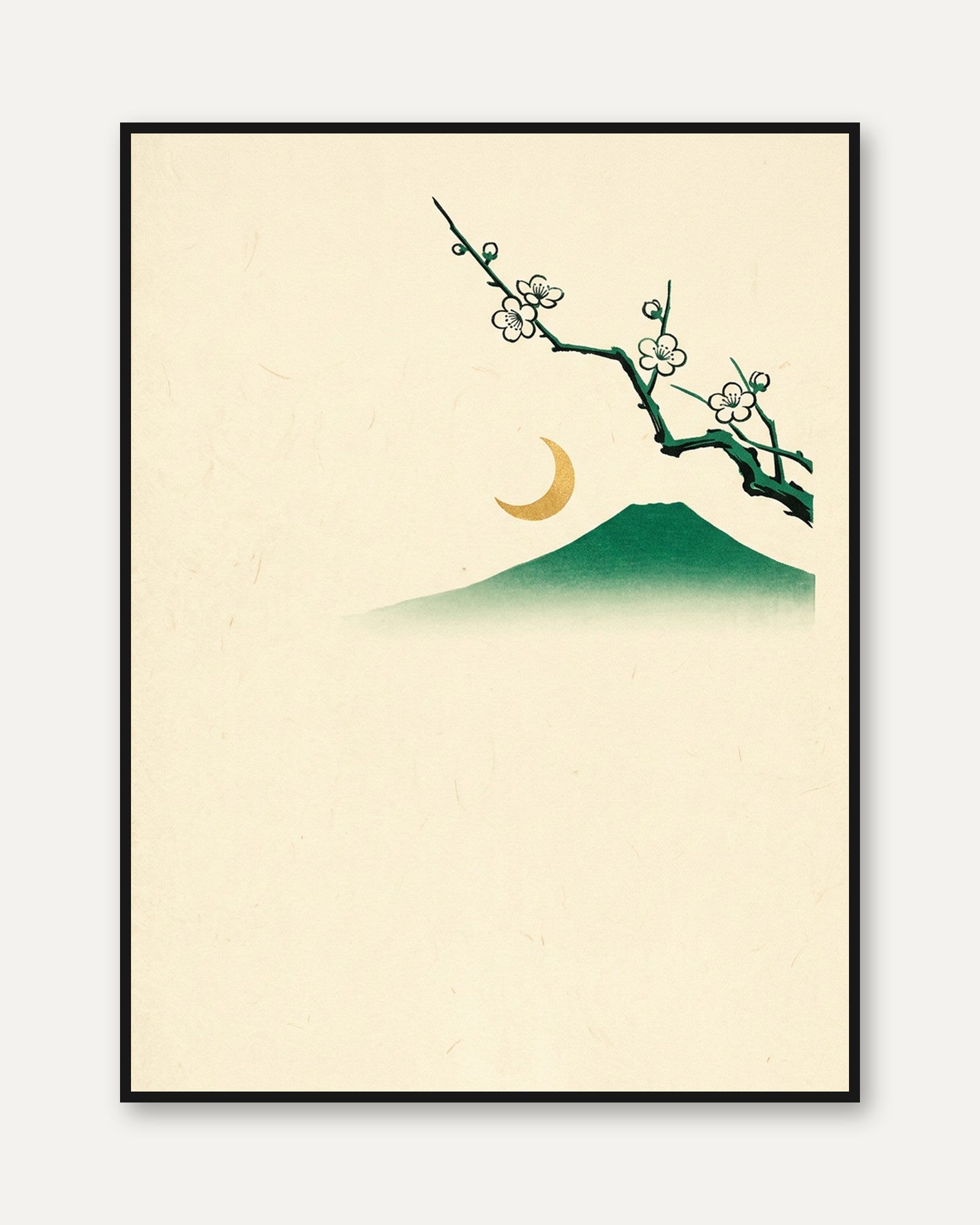 Japanese Cherry Blossom Mountain Print: Minimalist Green Landscape - framed