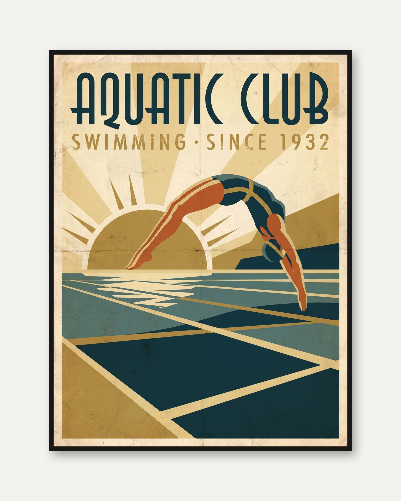 Aquatic Club Diver Poster: Vintage Art Deco Swimming Art Print - framed