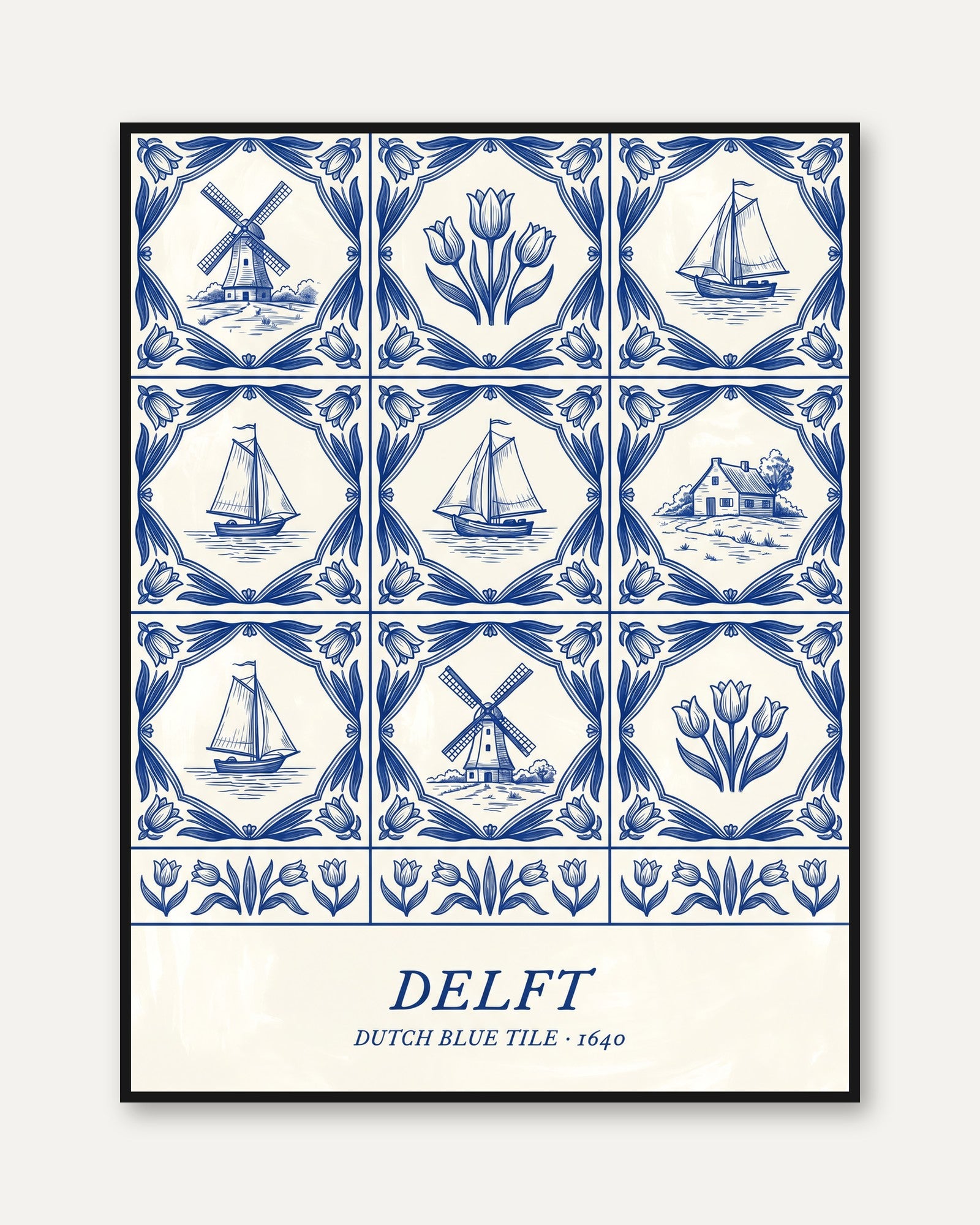 Delft Blue Tile Print: Dutch Windmill and Tulip Art - framed