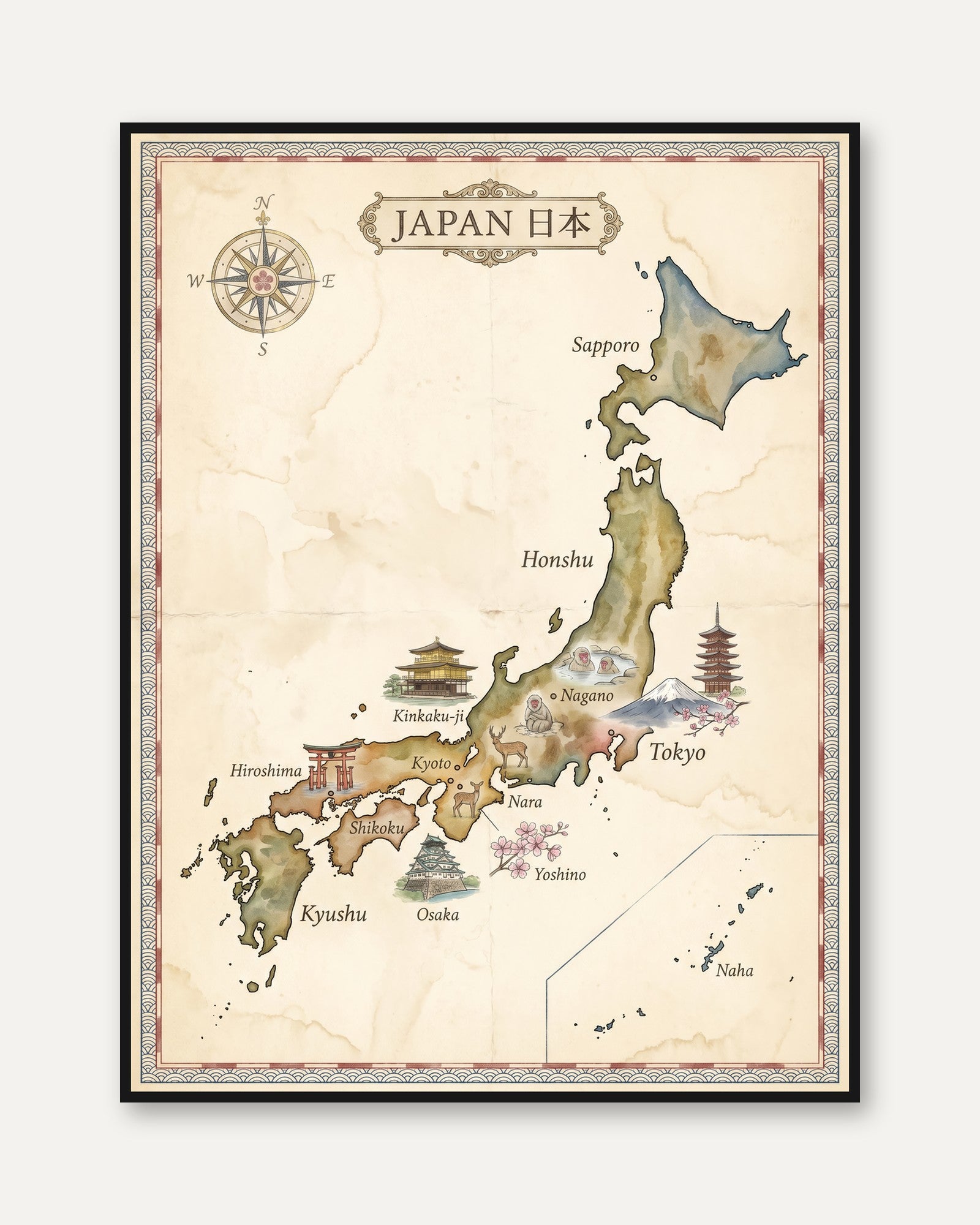 Japanese Vintage Map Print - framed