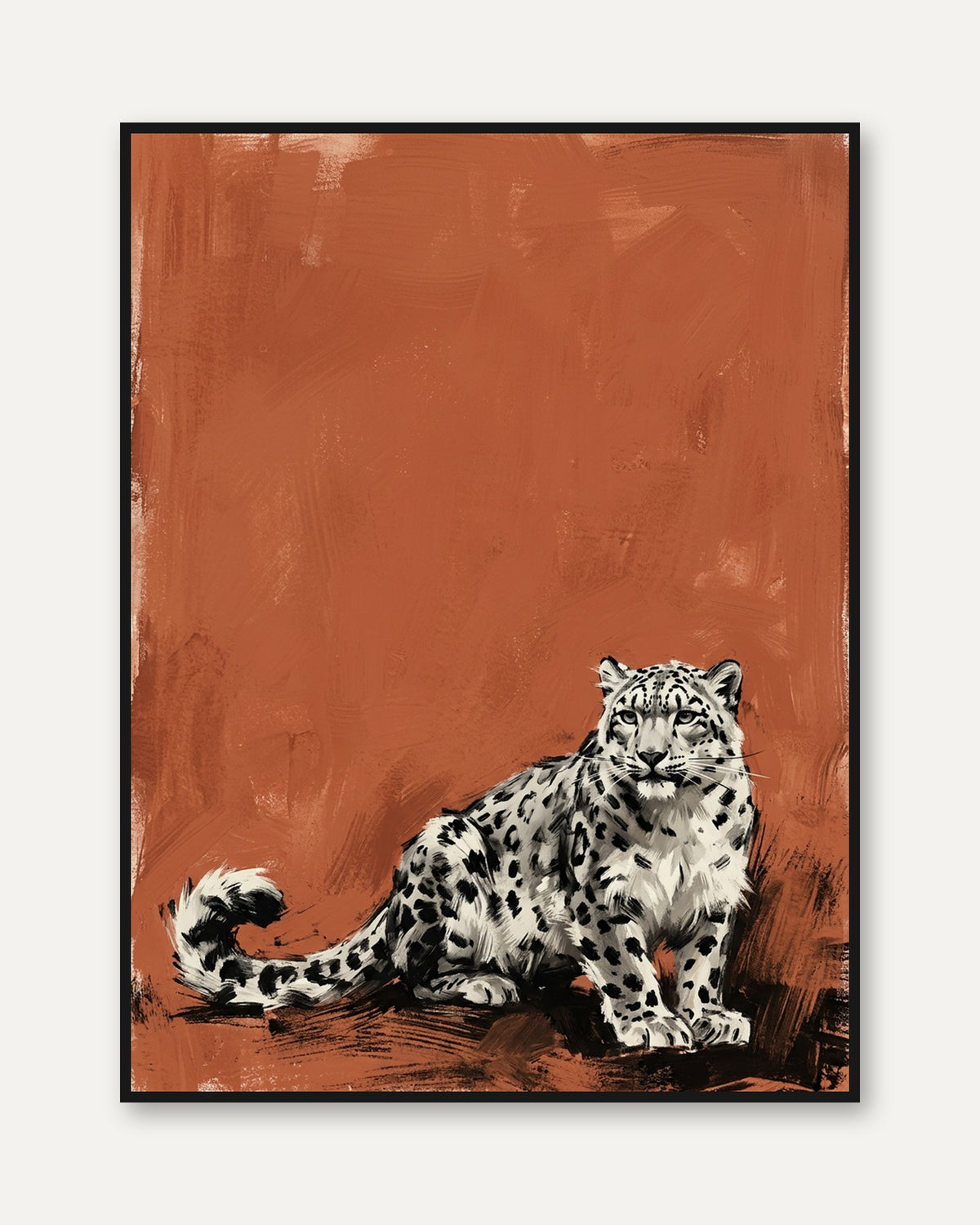 Snow Leopard Wall Art: Contemporary Wildlife on Terracotta - framed