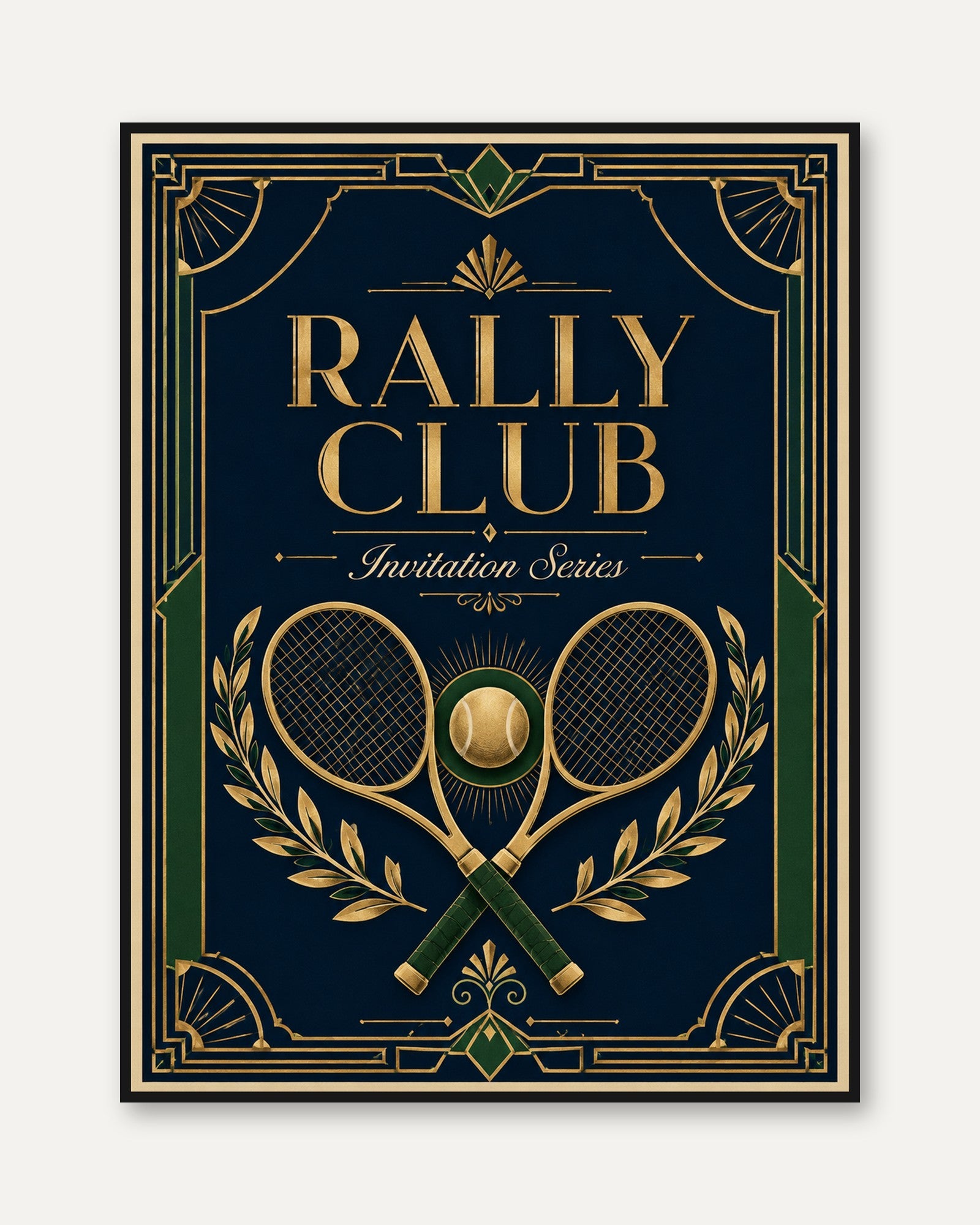 Art Deco Tennis Poster: Navy and Gold Vintage Rally Club Print - framed