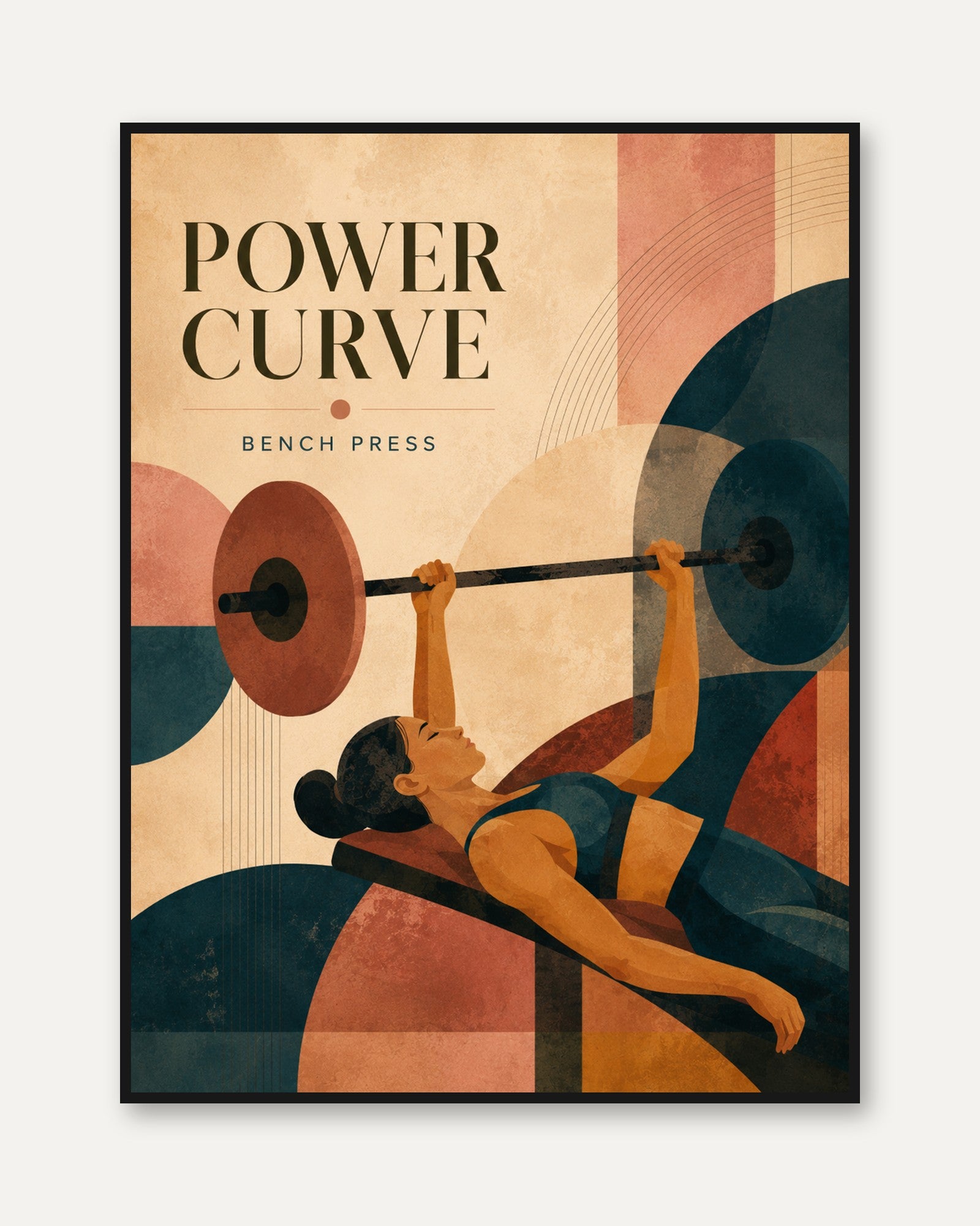 Power Curve Bench Press Art Print: Art Deco Fitness Poster - framed