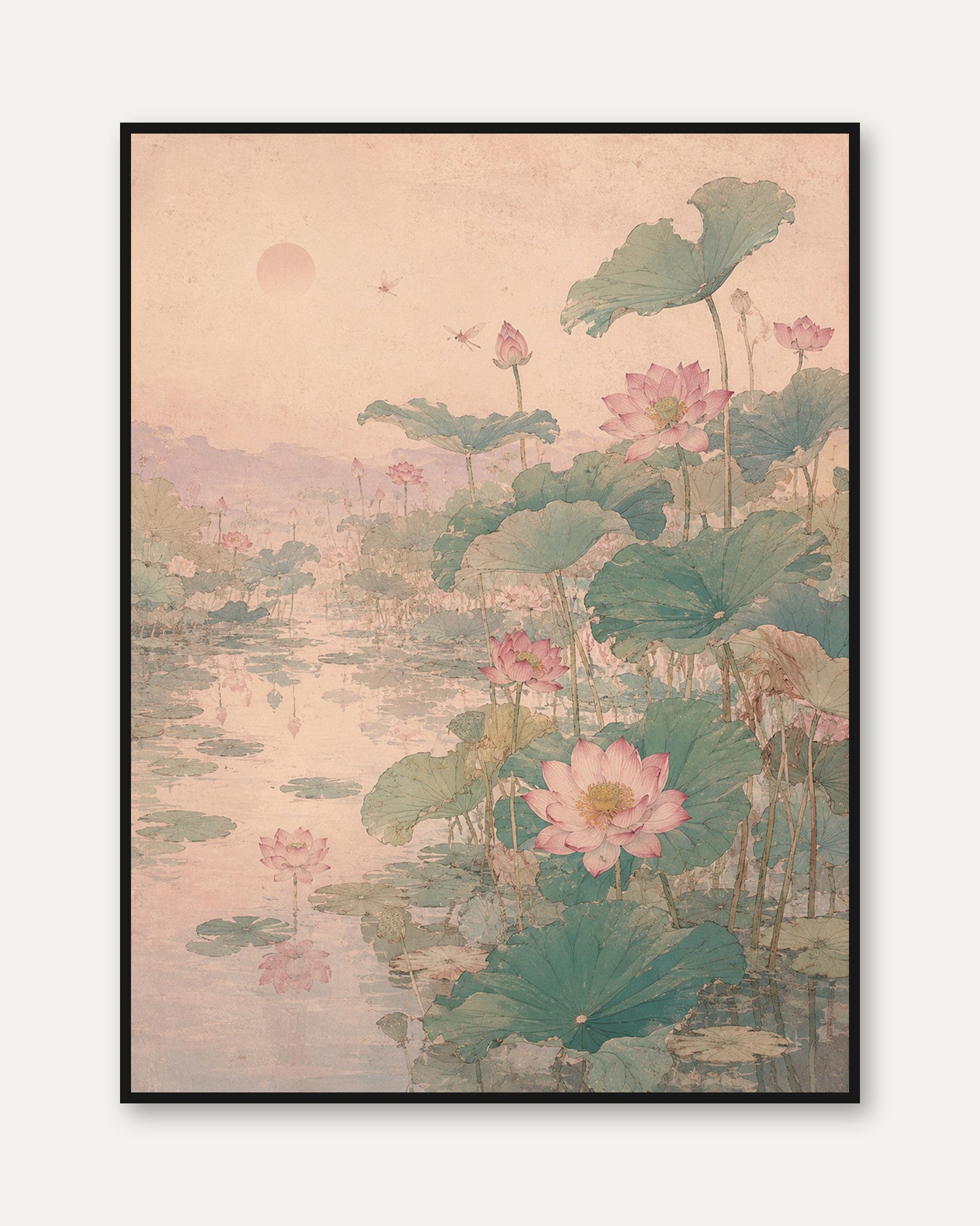 Lotus Pond Wall Art: Japanese Botanical Watercolor Print - framed