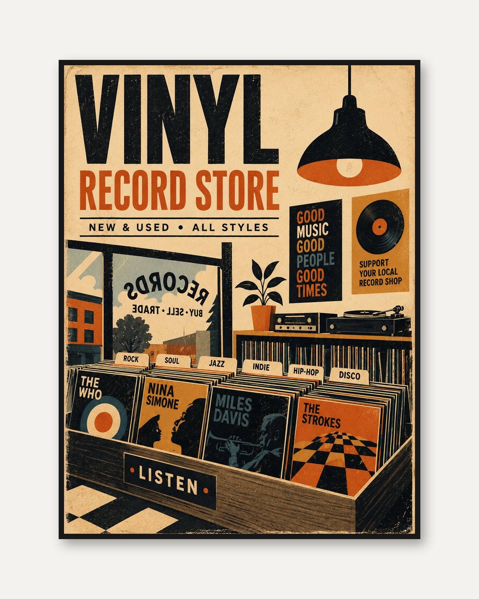 Vinyl Record Store Poster – Retro Music Print - framed