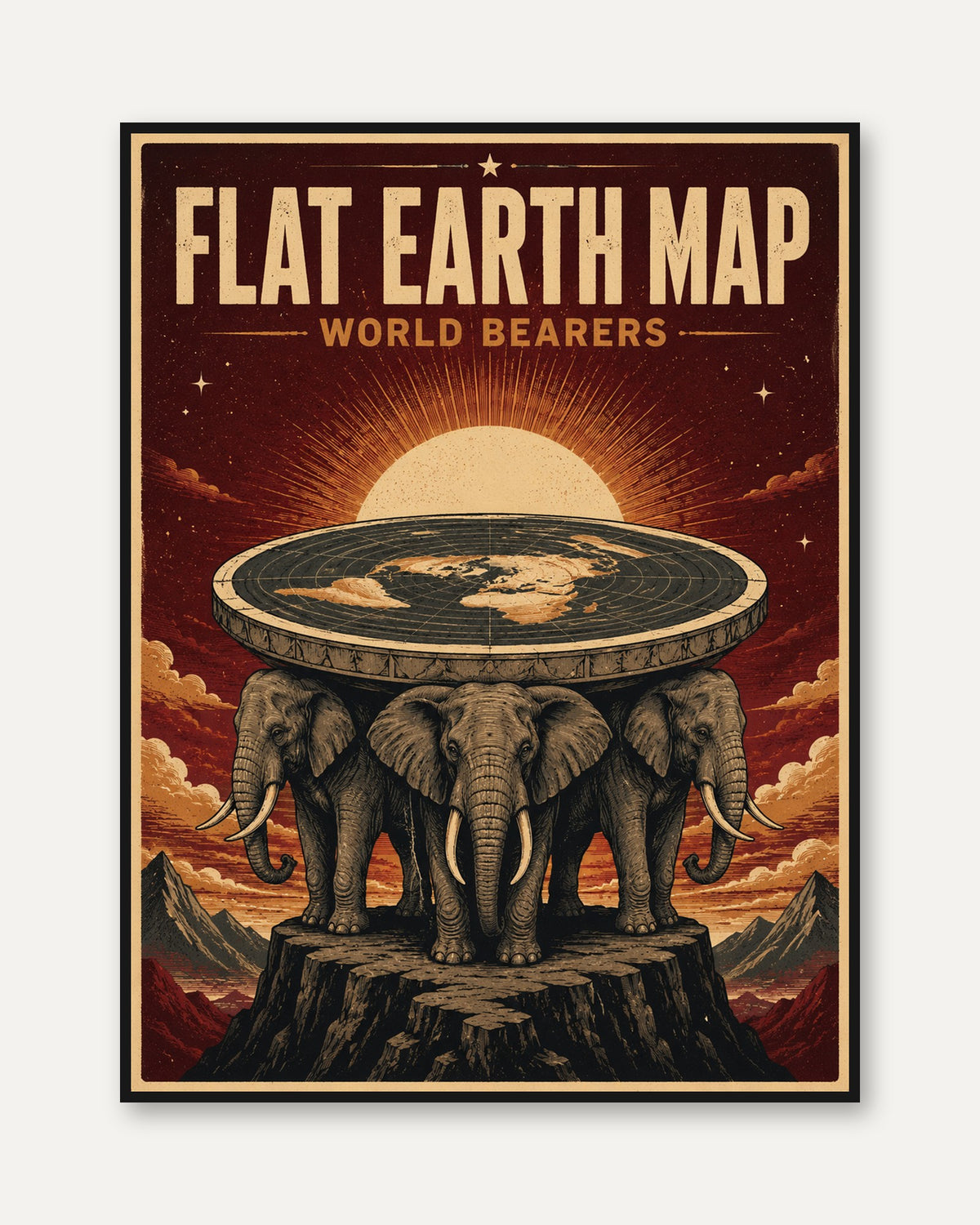 Flat Earth Map Poster: Vintage Mythological Elephant Design - framed