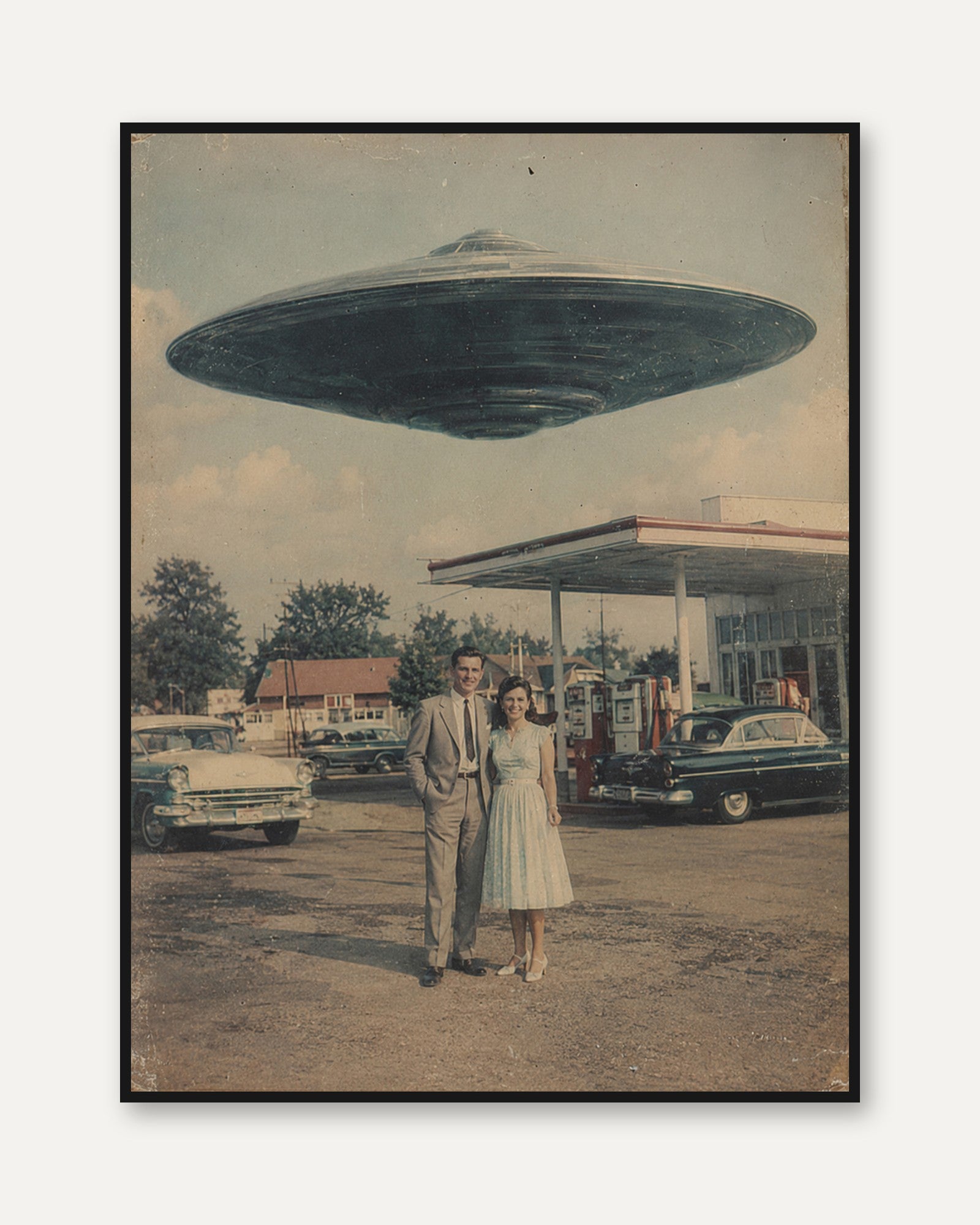 Vintage UFO Scene Wall Art: Retro 1950s Gas Station Sci-Fi Print - framed