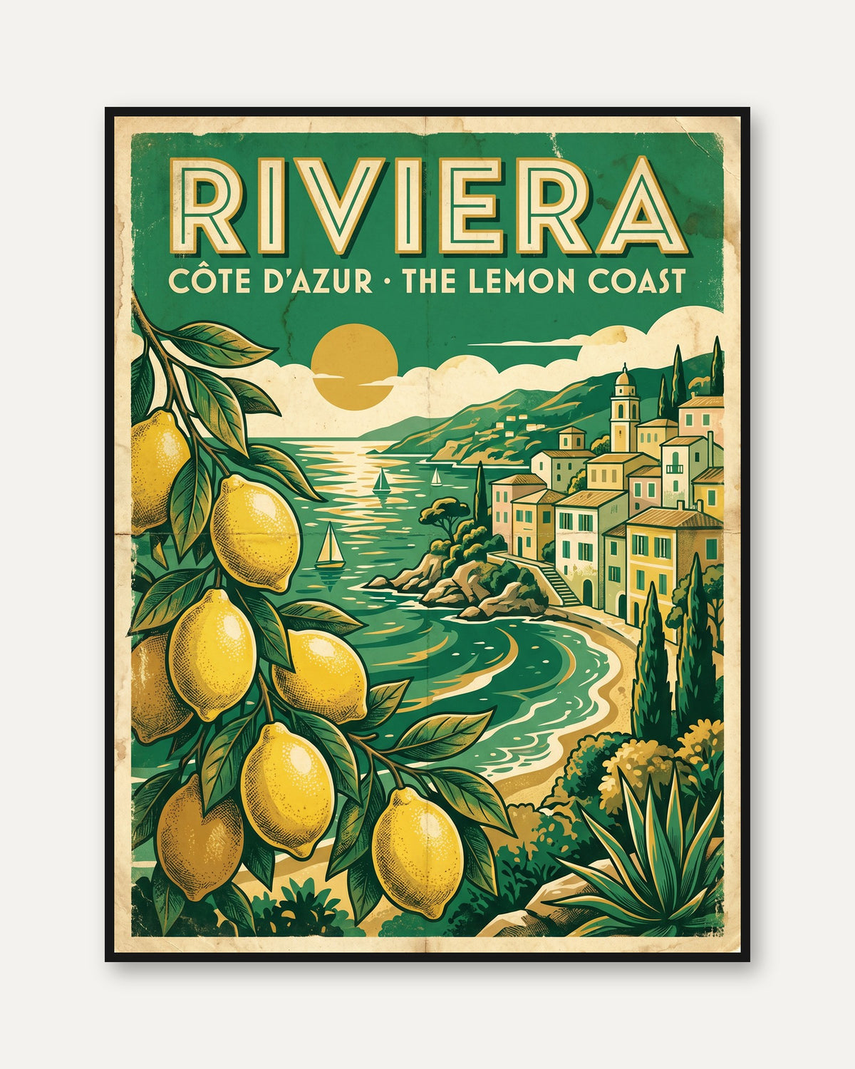 Vintage Riviera Travel Poster — Retro Côte d'Azur Lemon Coast - framed