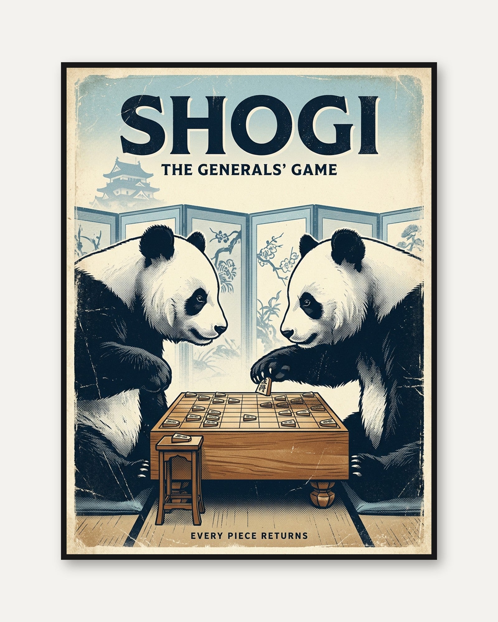 Shogi Pandas Art Print: Vintage Japanese Board Game Poster - framed