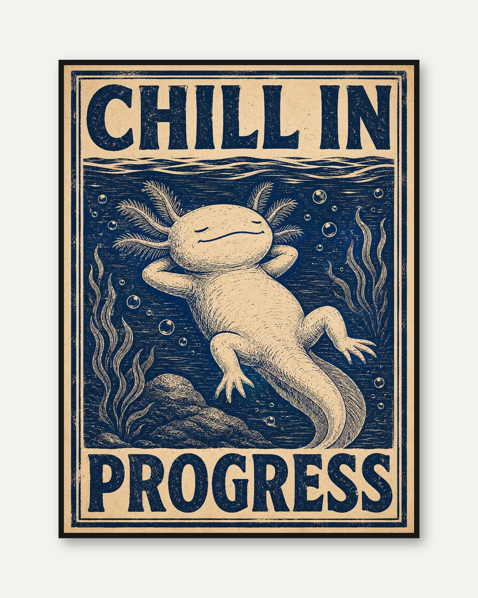 Axolotl Retro Print – Linocut Style - framed