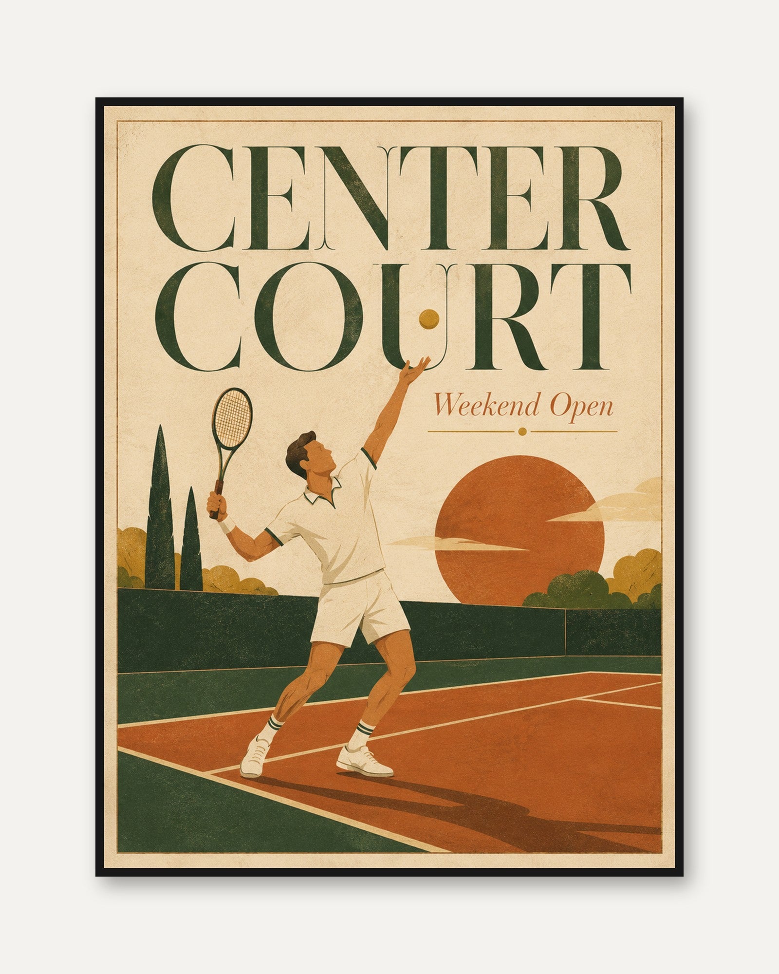 Vintage Tennis Poster Print: Art Deco Center Court Design - framed