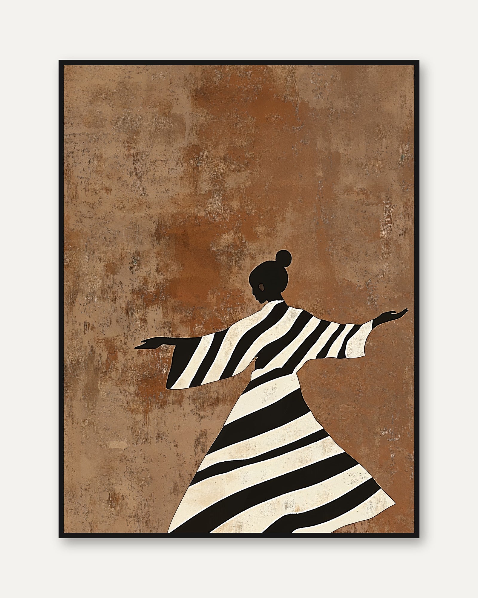 African Woman Dancing Print – Black Striped Dress - framed