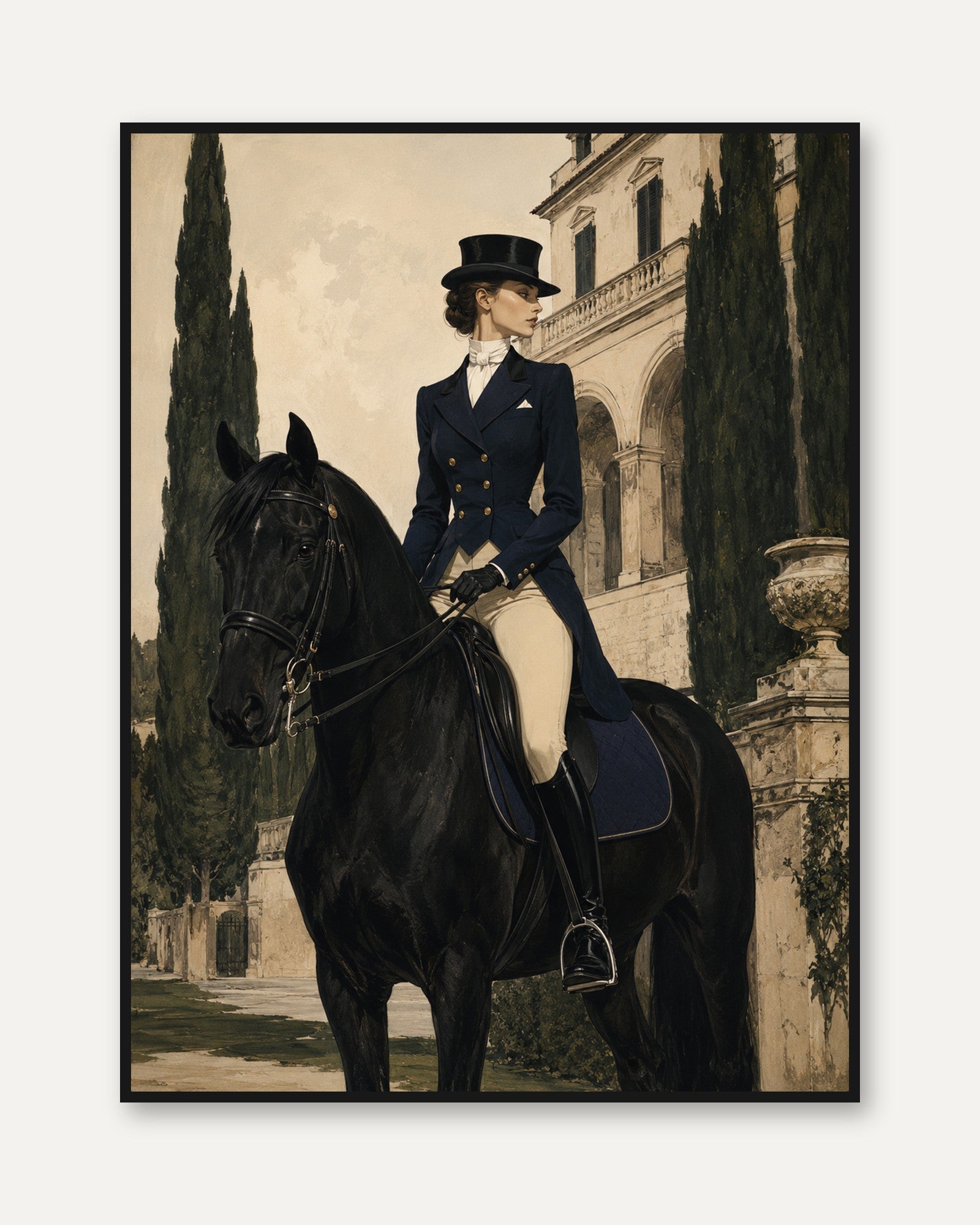 Victorian Equestrian Portrait: Elegant Woman on Black Horse Art Print - framed