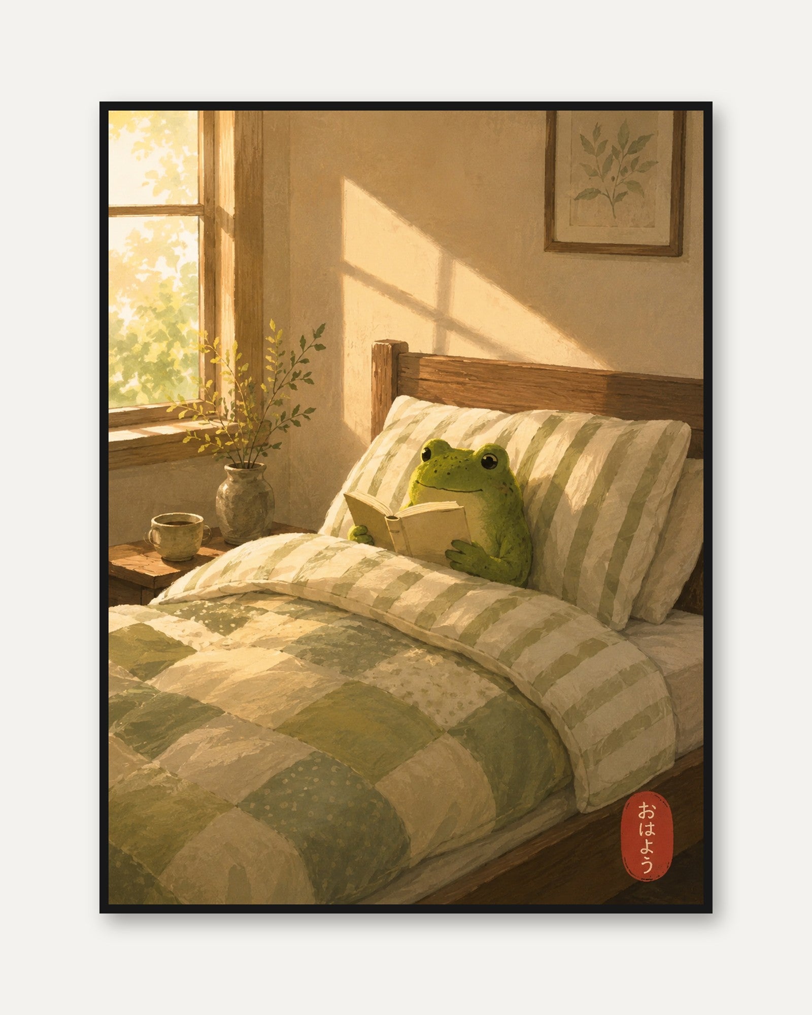 Frog Reading Bedroom Art – Cozy Morning Print - framed