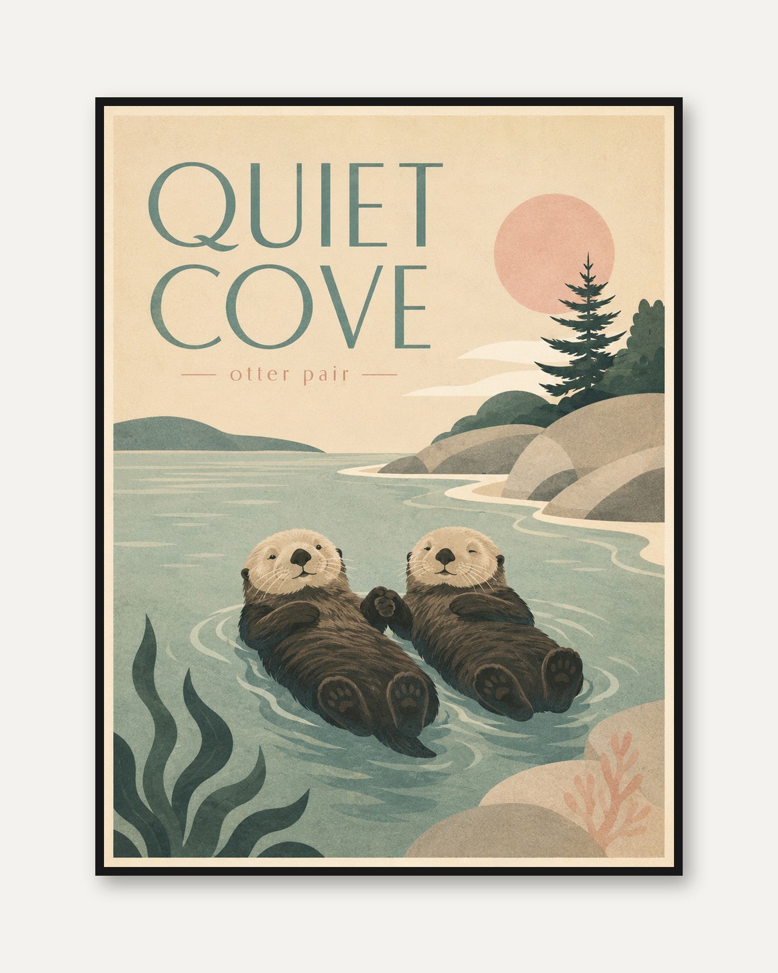 Quiet Cove Otter Pair Art Print: Vintage Coastal Wildlife Poster - framed