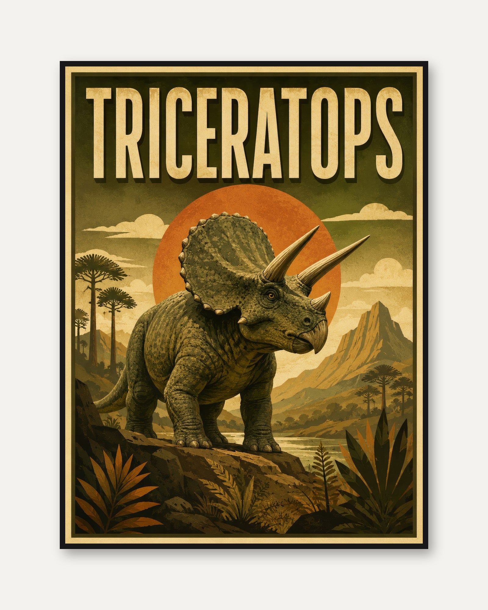 Dinosaur Wall Art: Triceratops Vintage Poster - framed