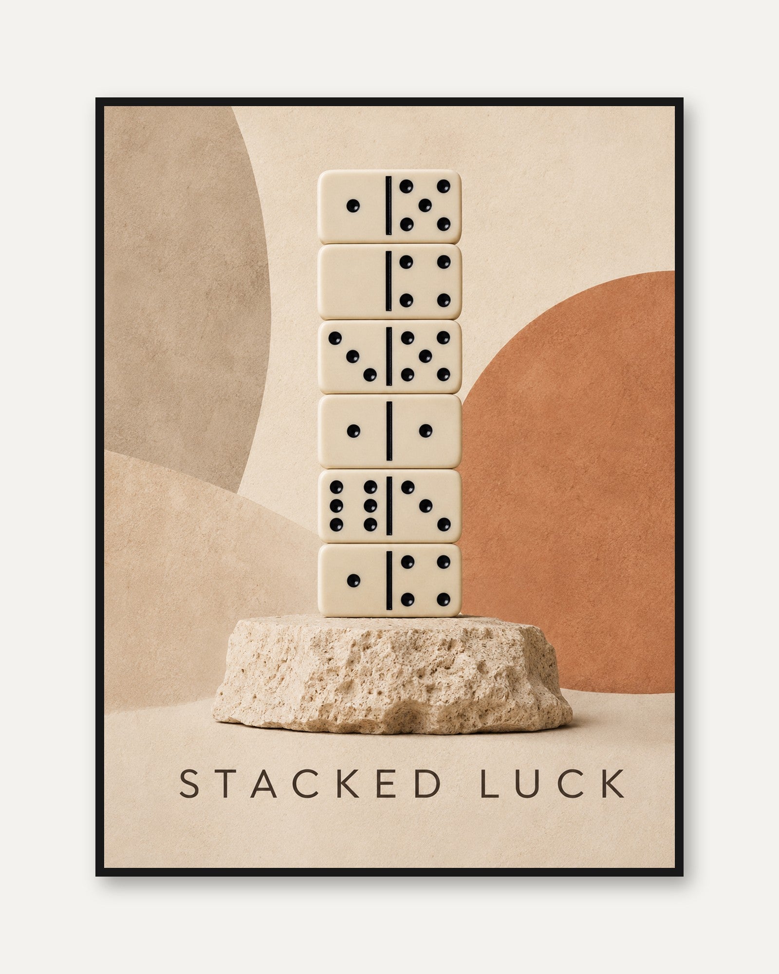 Stacked Luck Domino Tower Print: Minimalist Beige Still Life - framed