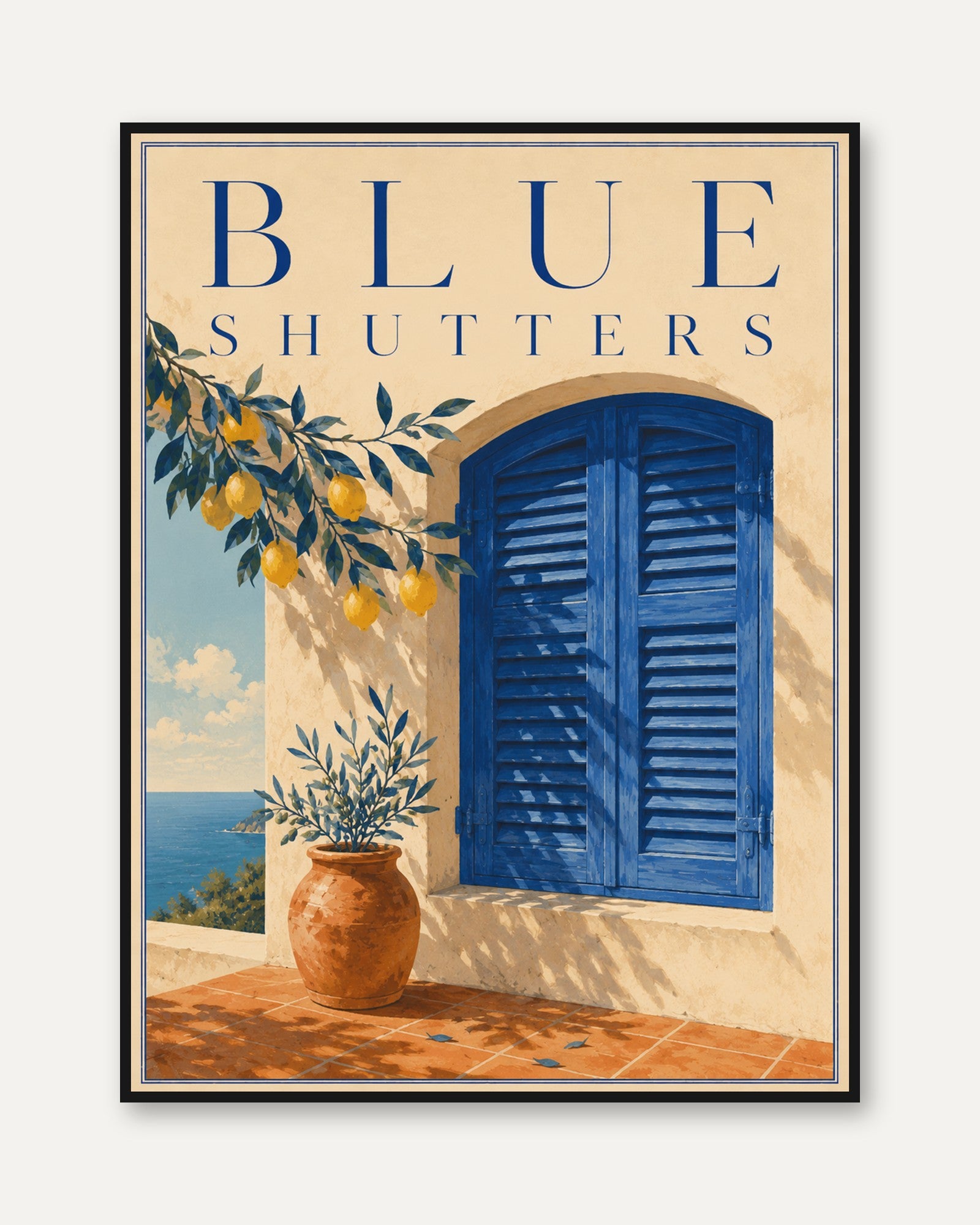 Mediterranean Blue Shutters Print: Coastal Village Wall Art - framed
