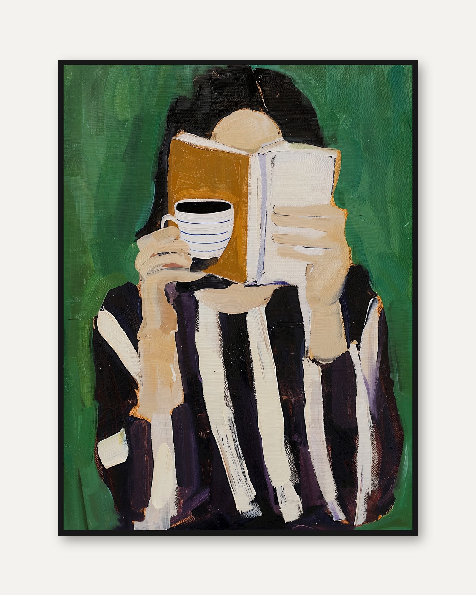 Reading with Coffee Wall Art: Contemporary Figure Painting - framed
