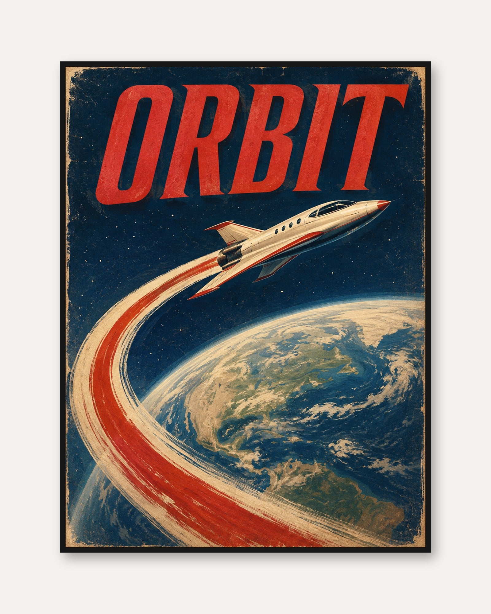 Orbit Space Rocket Poster: Vintage Retro Sci-Fi Wall Art - framed