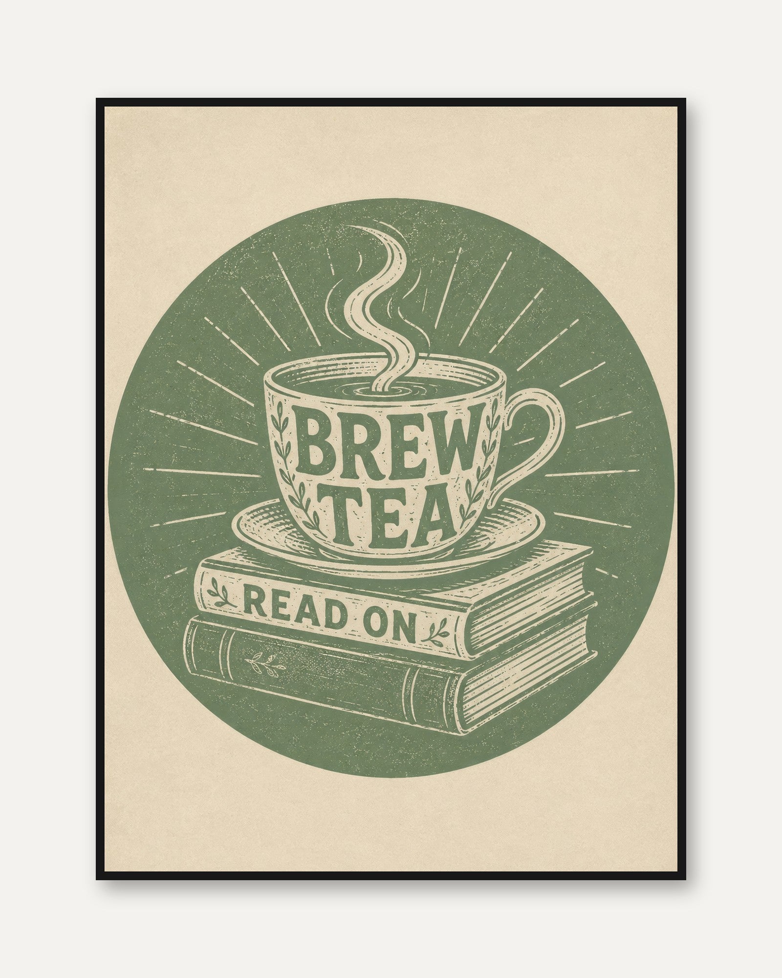 Tea and Books Wall Art: Vintage Linocut - framed
